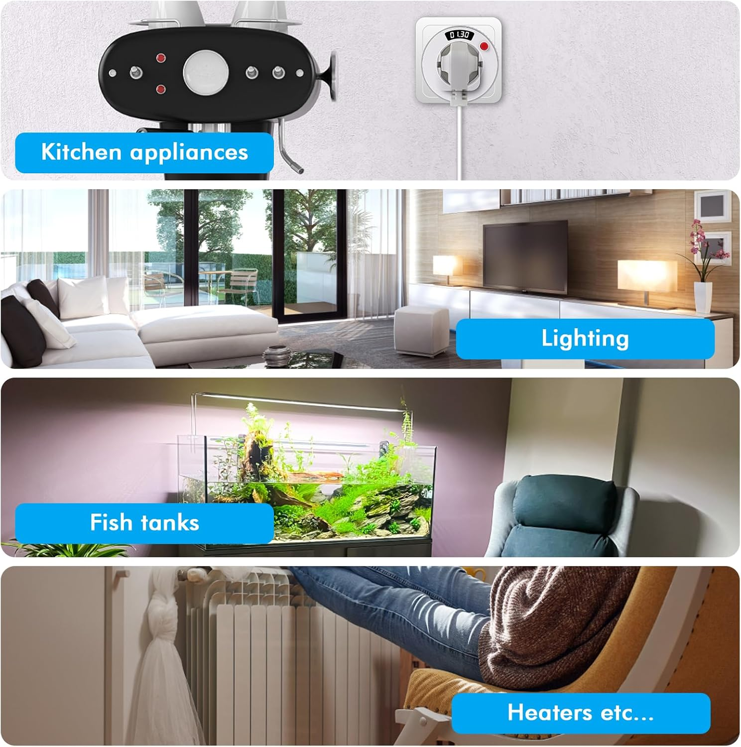 Das Bild zeigt eine Reihe von Szenen: Küchengeräte, eine Steckdose, ein Wohnzimmer, ein Aquarium und eine Person in der Nähe einer Heizung.
