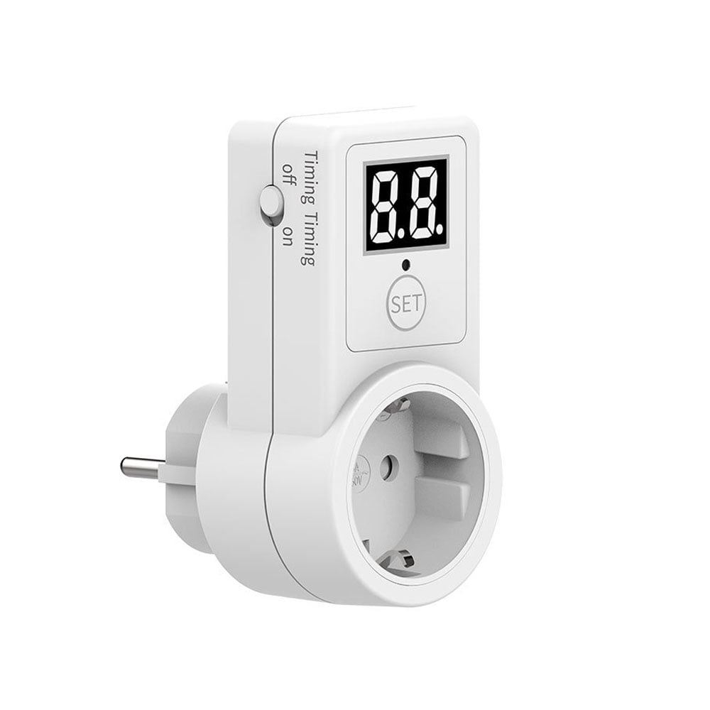 Ein weißer digitaler Timer mit Stecker. Es hat ein Display mit 8.8 und eine 'Set'-Taste. Der Timer hat Ein/Aus-Einstellungen.