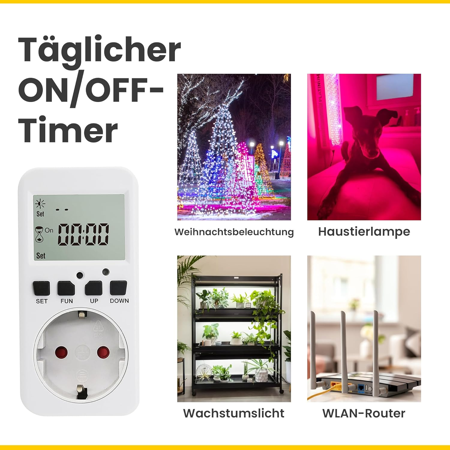 Das Bild zeigt einen täglichen EIN/AUS-Timer, Weihnachtsbeleuchtung, eine Haustierlampe, ein Wachstumlicht und einen WLAN-Router.