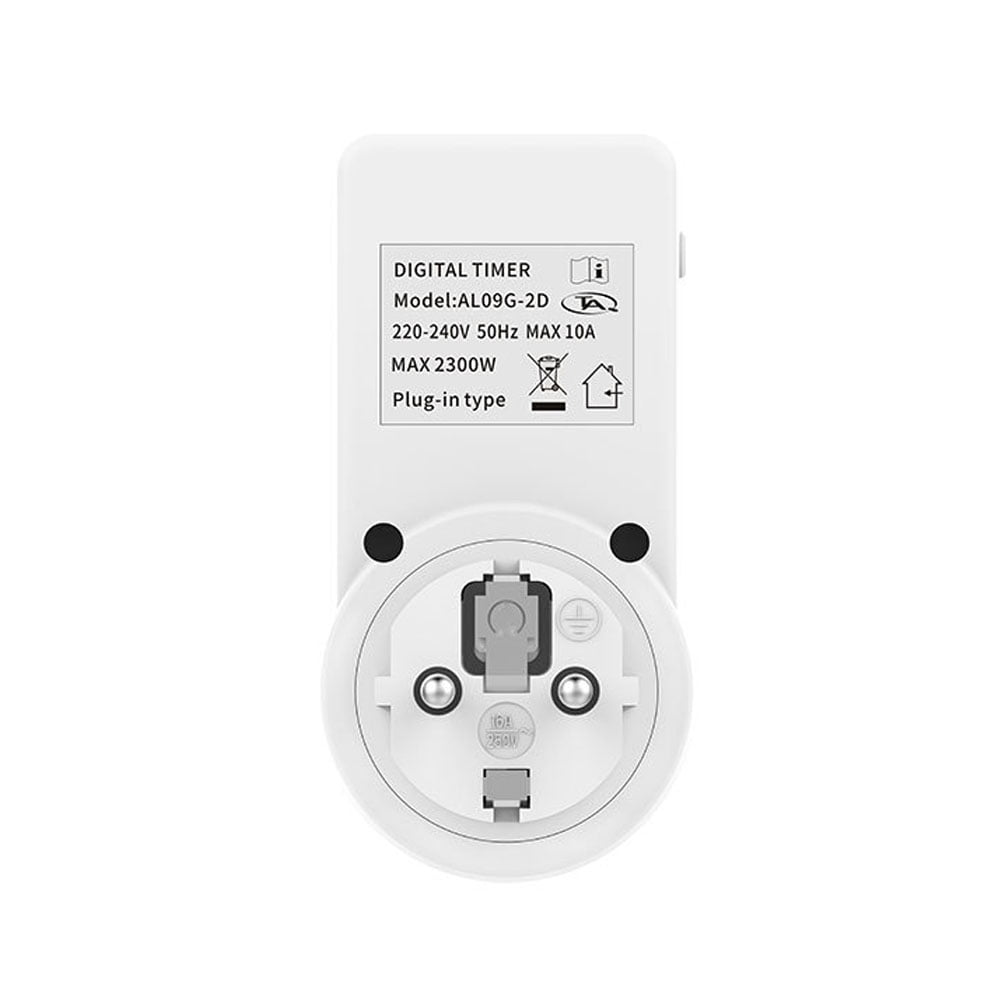 Ein weißer digitaler Timer mit Textetiketten und einer Steckdose. Es hat ein Plug-in-Design und zeigt technische Daten an.