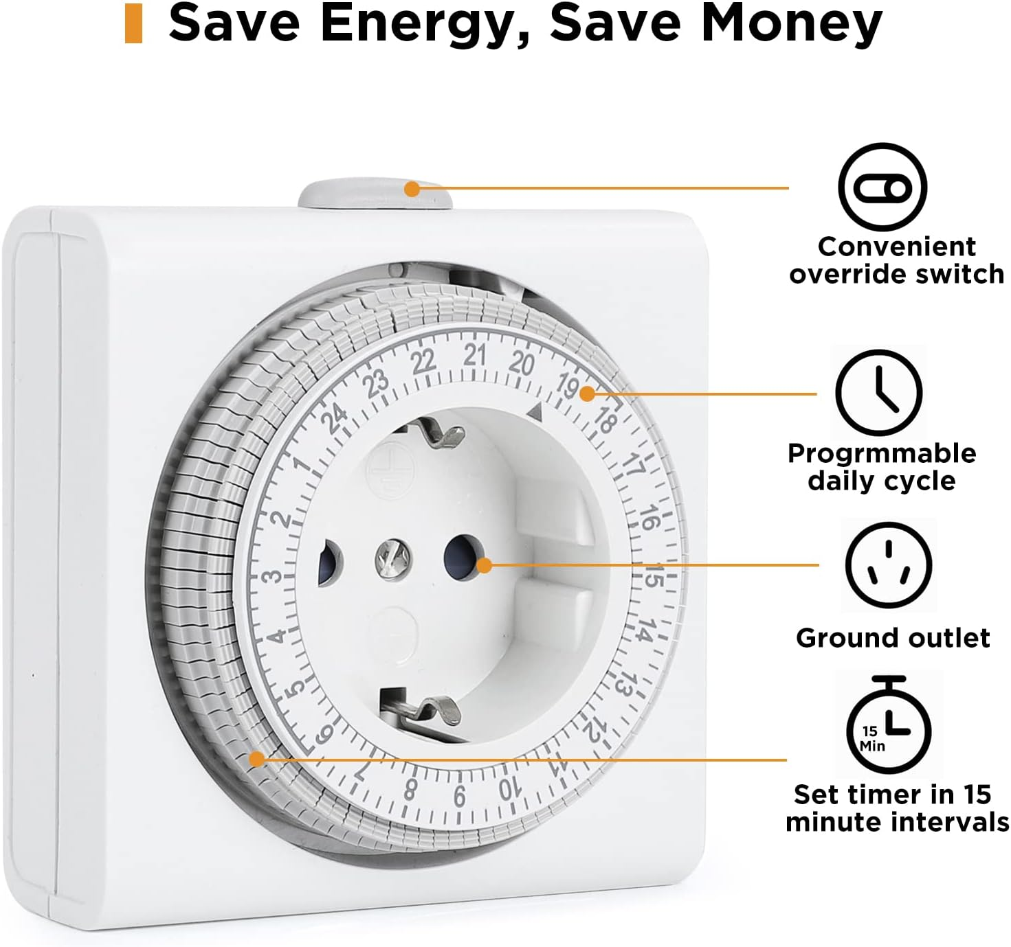 Ein weißer Timer mit Zifferblatt, Steckdose und Text. Er lautet: 'Energie sparen, Geld sparen' und hat Funktionen wie eine Erdungssteckdose.