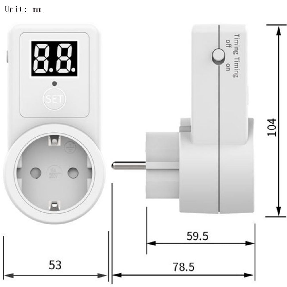 Weißer digitaler Timer mit Anzeige 8.8, Steckdose und Abmessungen in mm. Er hat einen Ein/Aus-Schalter für die Zeitmessung.
