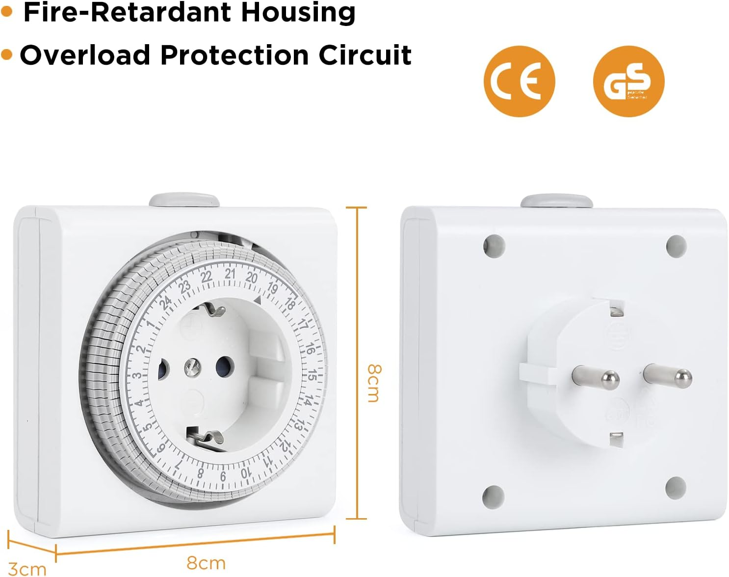 Zwei weiße elektrische Timer mit Abmessungen. Einer zeigt ein Zifferblatt, der andere einen Stecker. Orangefarbene CE- und GS-Logos im Hintergrund.