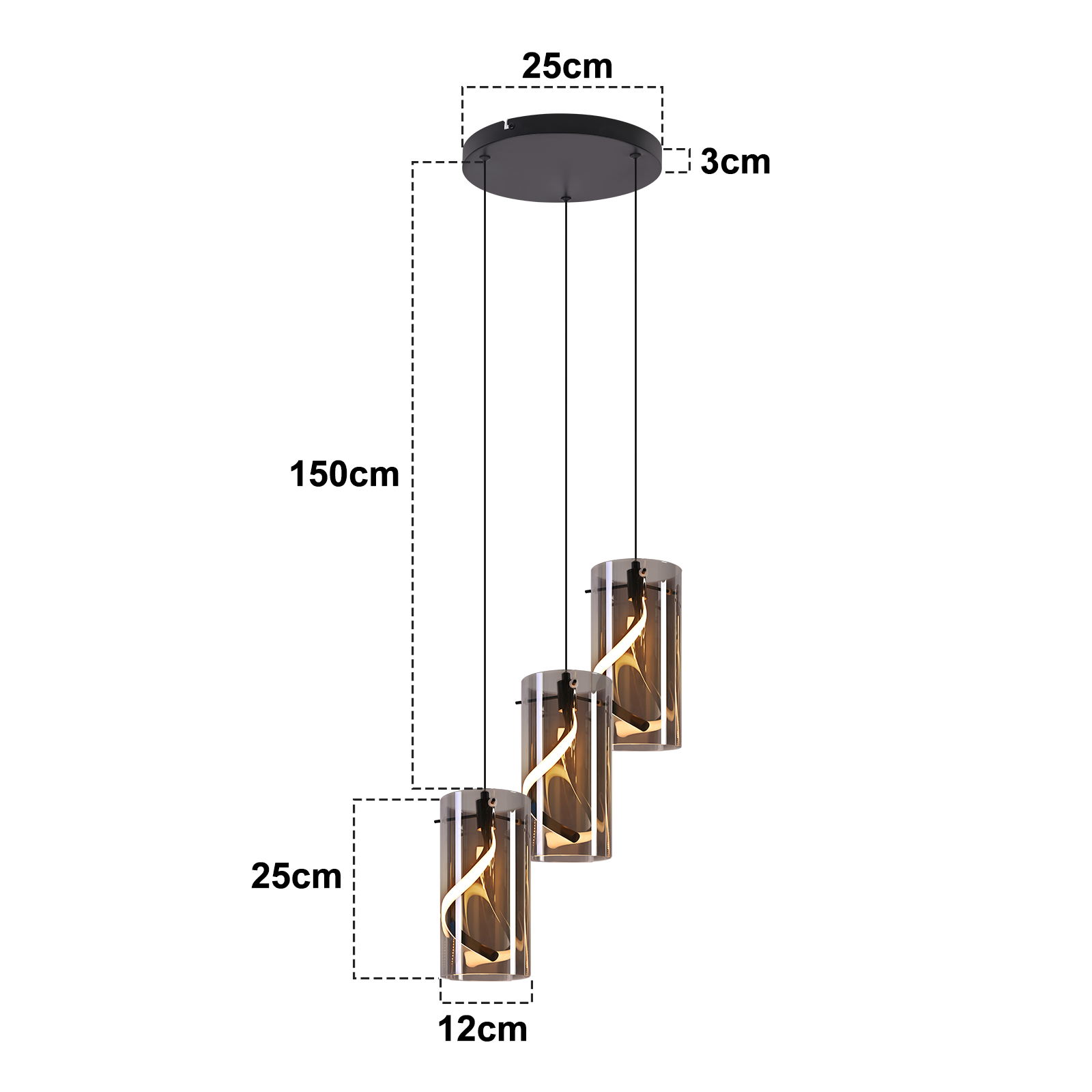 Lampa wisząca z trzema światłami. Cylindryczne klosze z bursztynowego szkła ze spiralnym światłem, zawieszone na czarnej płycie sufitowej.