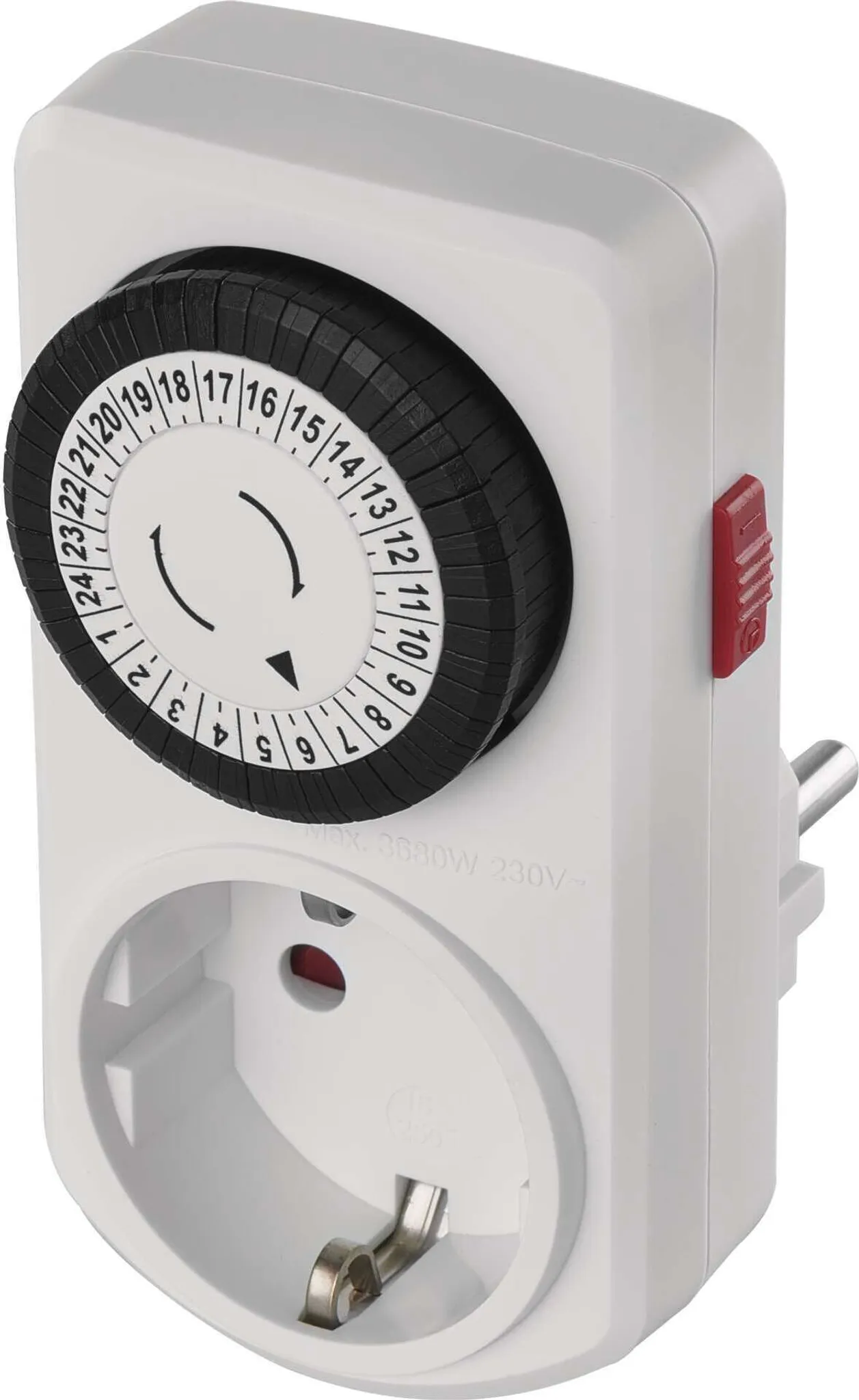 Ein weißer Timer mit schwarzem Drehknopf, Zahlen und einer Steckdose. Ein roter Schalter befindet sich an der Seite. Unten befindet sich ein Stecker.