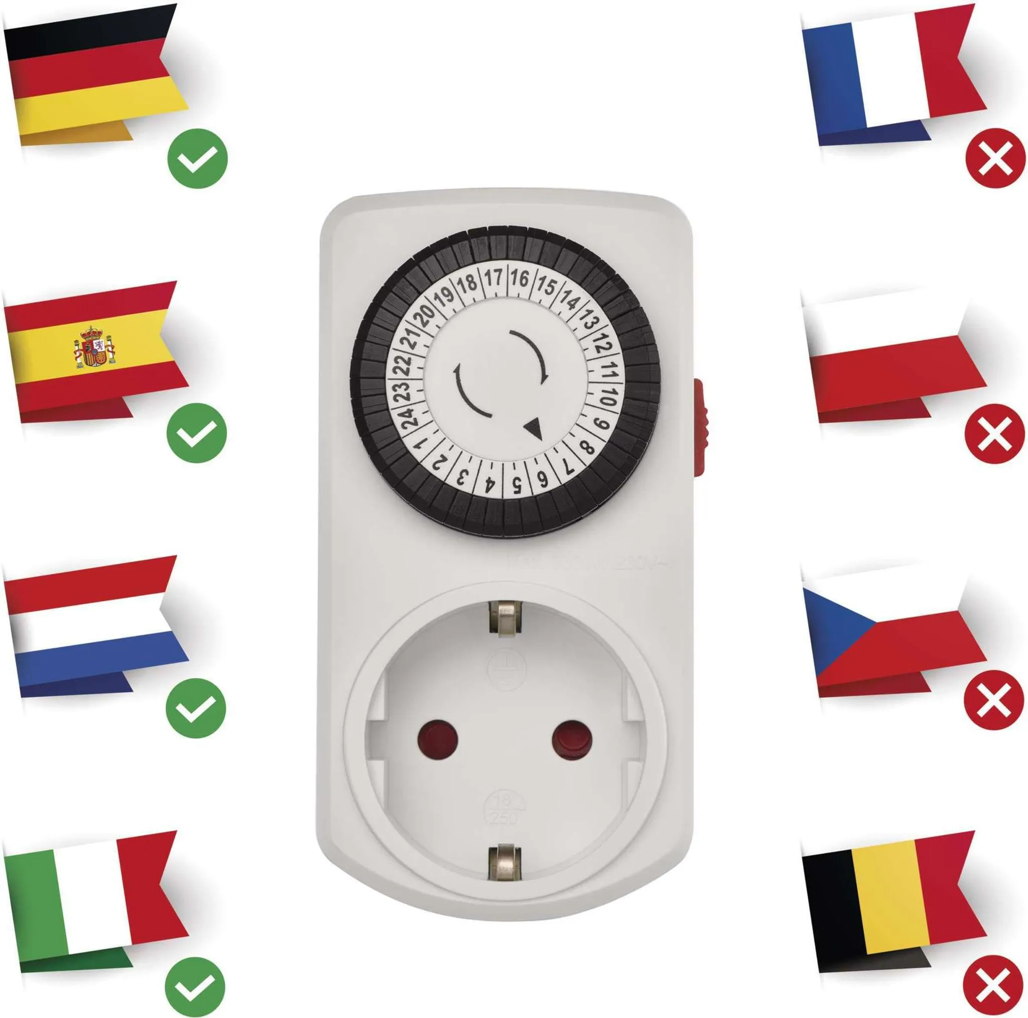 Weißer Timer mit rundem, schwarzem Ziffernblatt. Flaggen von Deutschland, Spanien, Niederlande und Italien sind ausgewählt. Andere Flaggen abgelehnt.