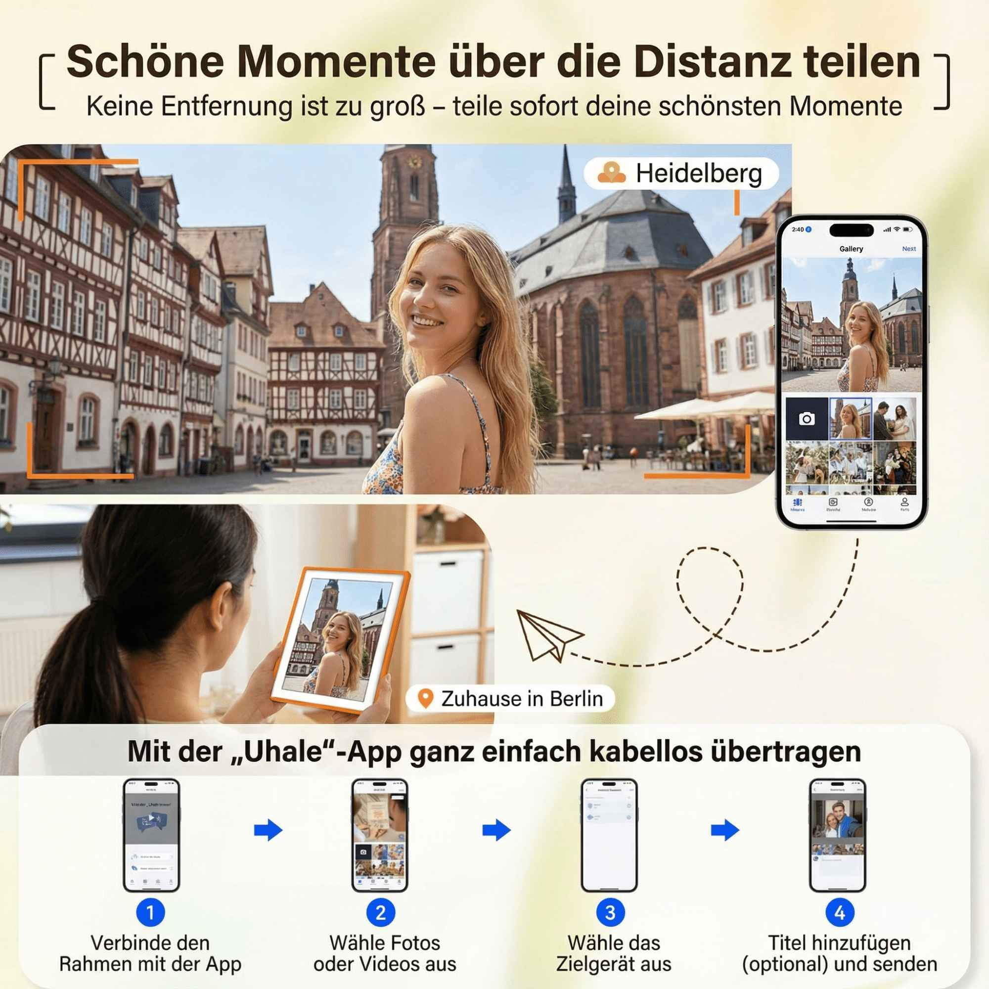 Frau lächelt in Heidelberg, Deutschland, auf Telefon und Tablet gezeigt. App-Anweisungen: verbinden, Fotos auswählen, Gerät auswählen, senden.