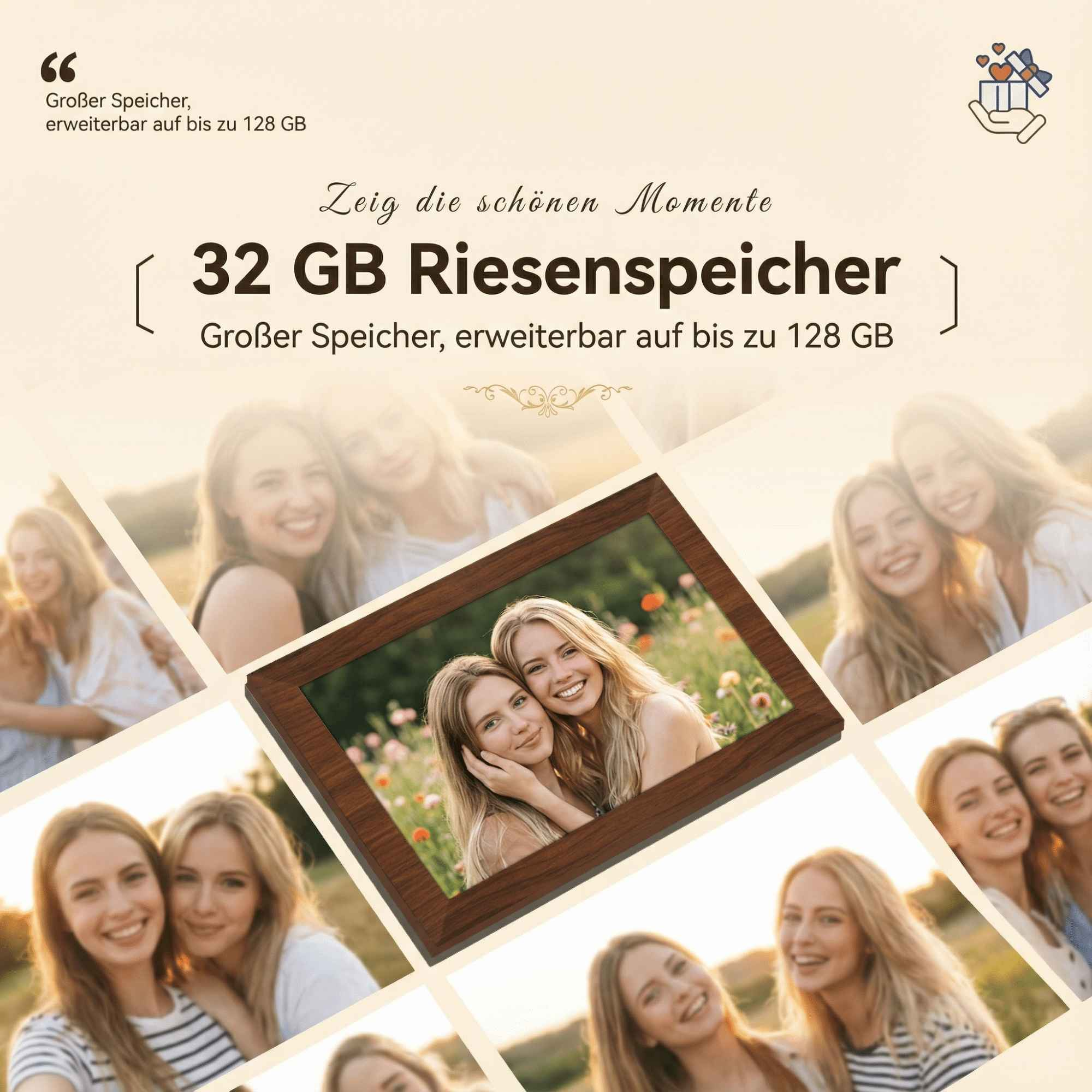Das Bild zeigt einen Fotorahmen mit zwei Frauen. Im Hintergrund sind mehrere weitere Fotos von Frauen.