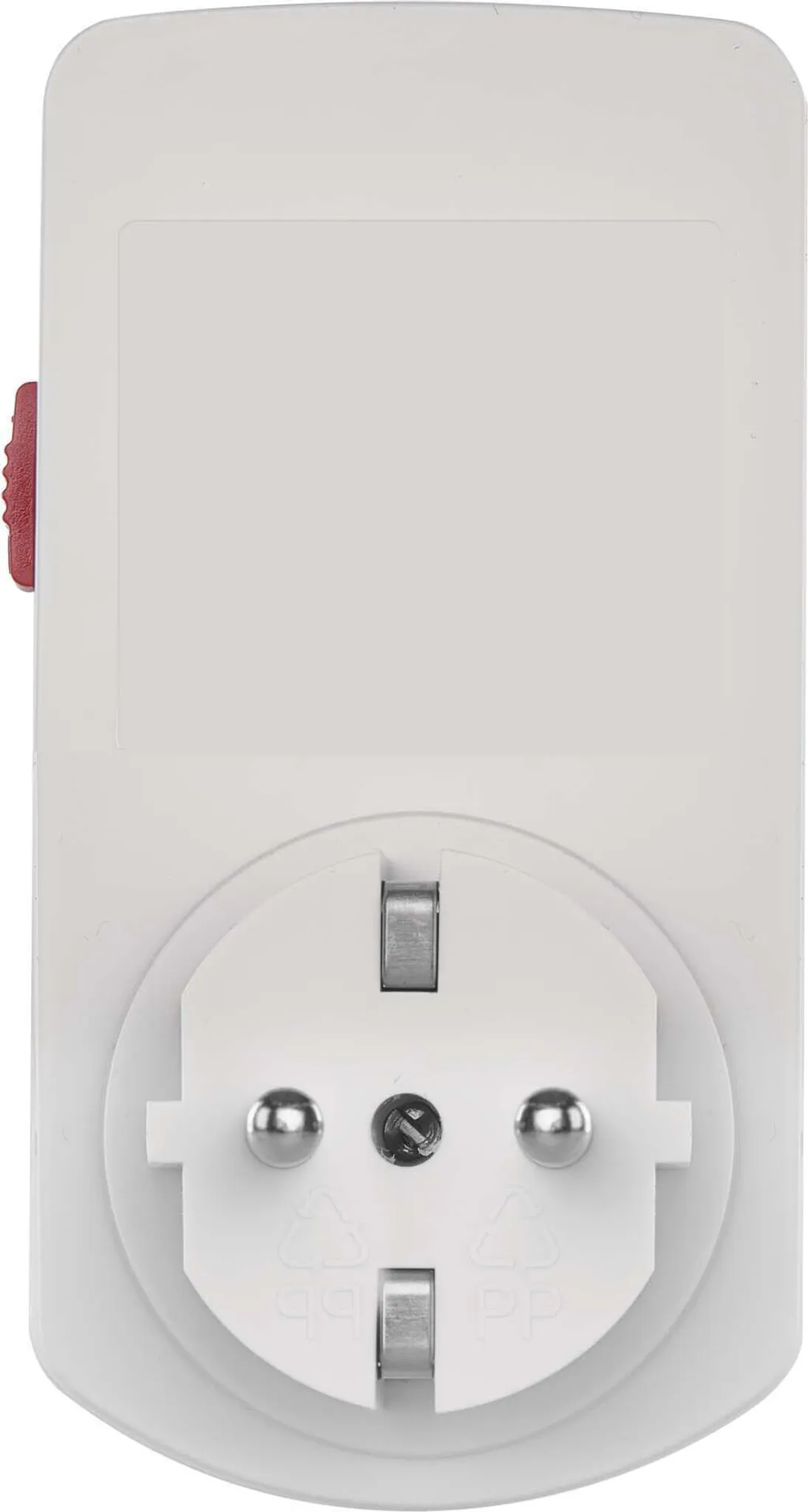 Weißer Netzadapter mit roter Taste. Merkmale: Eurosteckdose mit drei Stiften, auf weißem Hintergrund.
