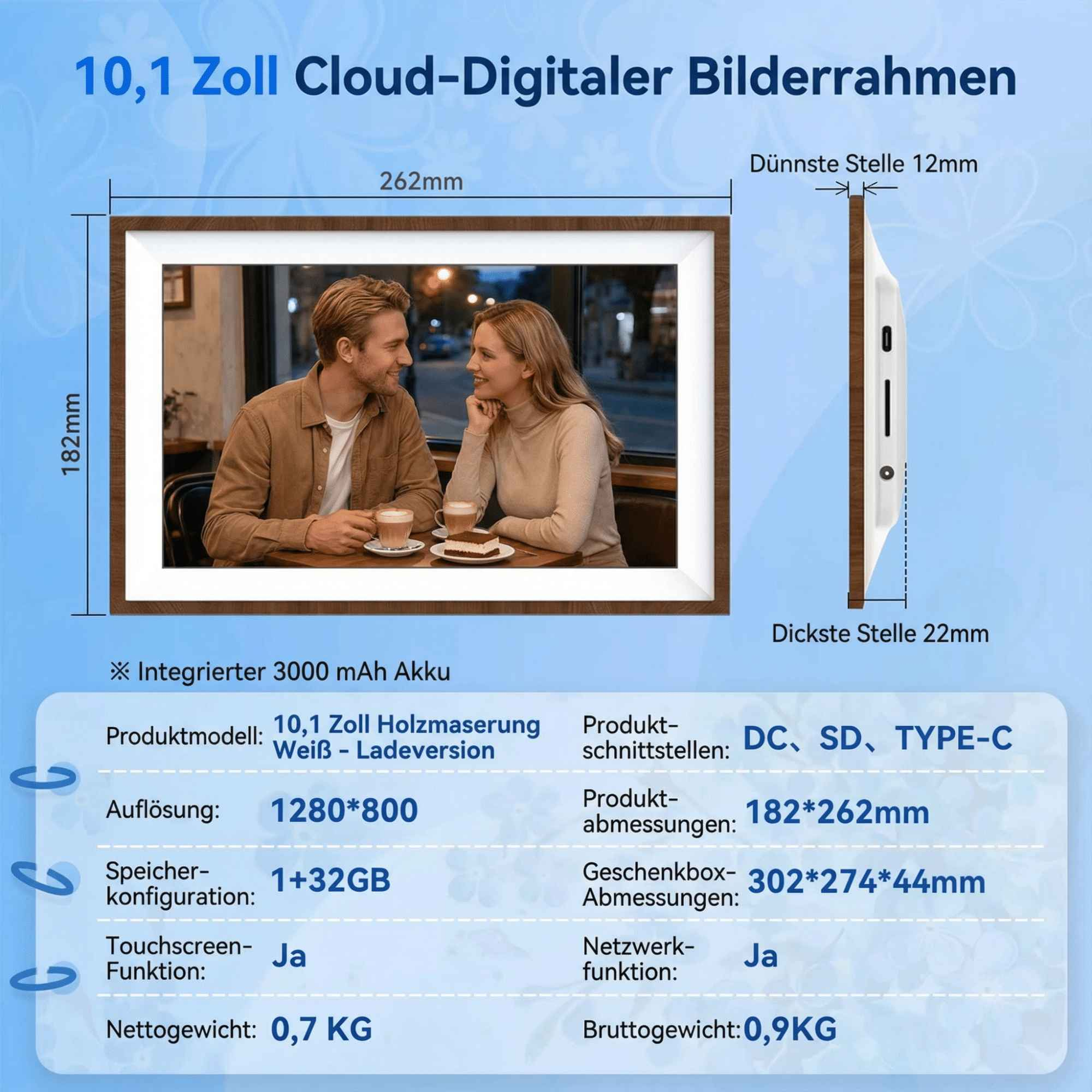 Digitaler Bilderrahmen mit Paar. Specs: 10,1 Zoll, 1280x800 Auflösung, 1+32GB Speicher.