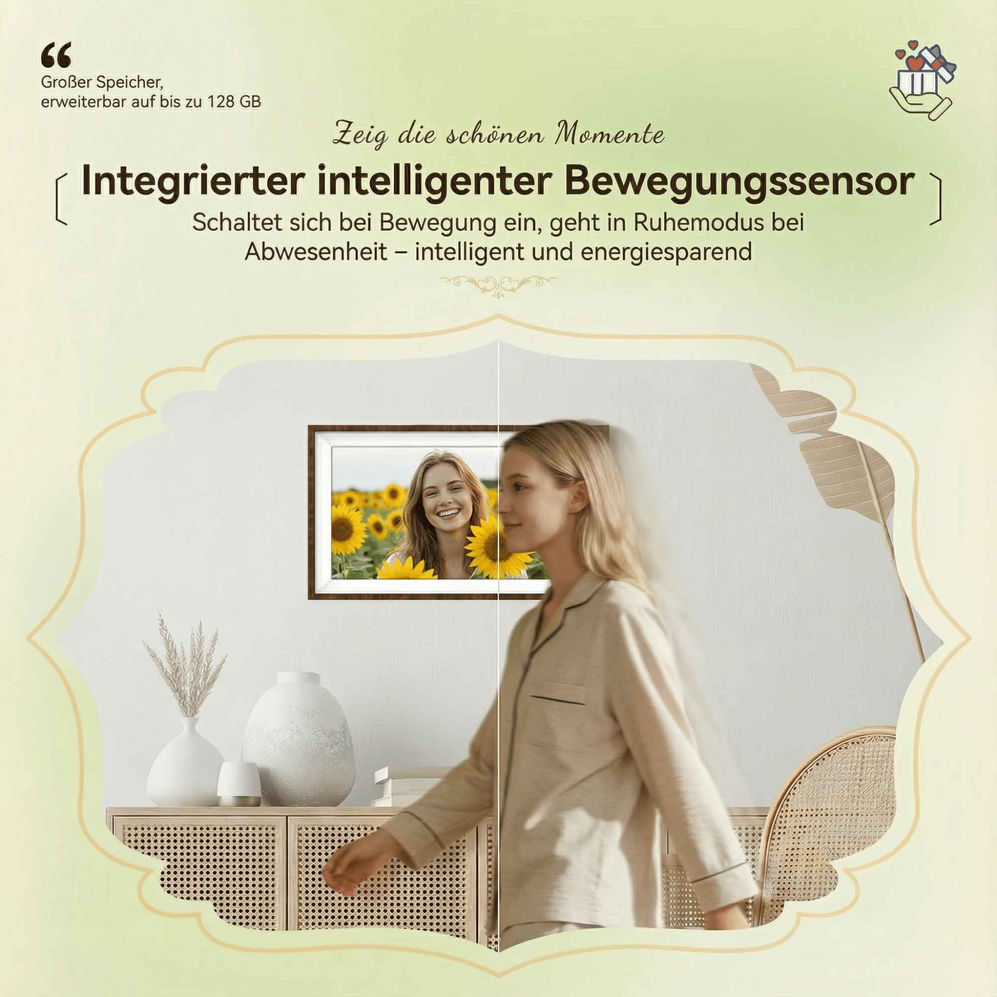 Frau im Pyjama steht an einem Schrank, ein Bild von Sonnenblumen und einer Frau, und Text über einen Sensor.