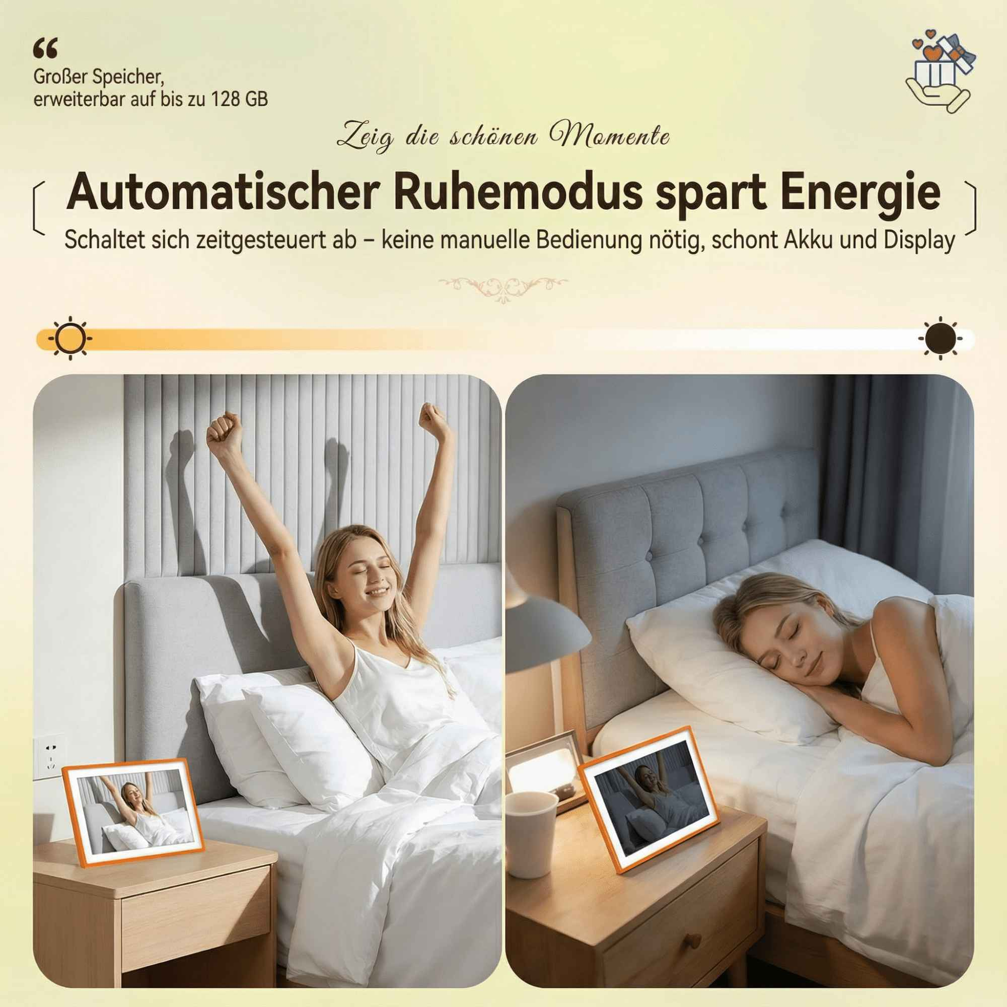 Das Bild zeigt eine Frau, die aufwacht, und eine Frau, die im Bett schläft, mit einem digitalen Bilderrahmen auf dem Nachttisch.