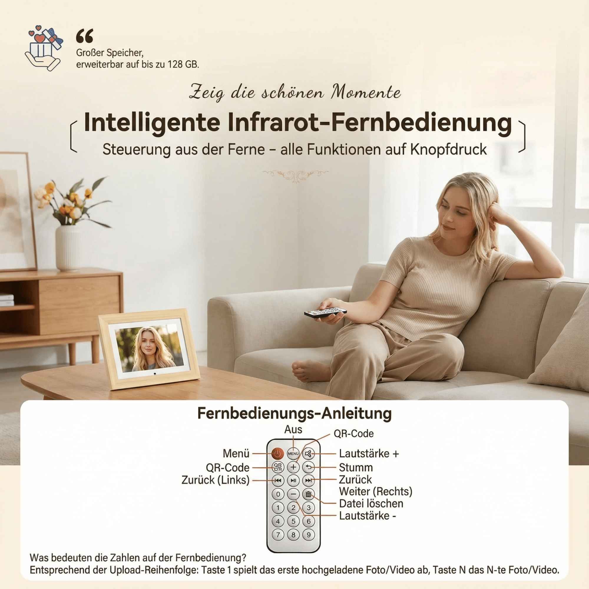 Frau mit Fernbedienung auf Sofa. Foto im Rahmen, Pflanze auf Tisch. Text über Fernbedienungsfunktionen.
