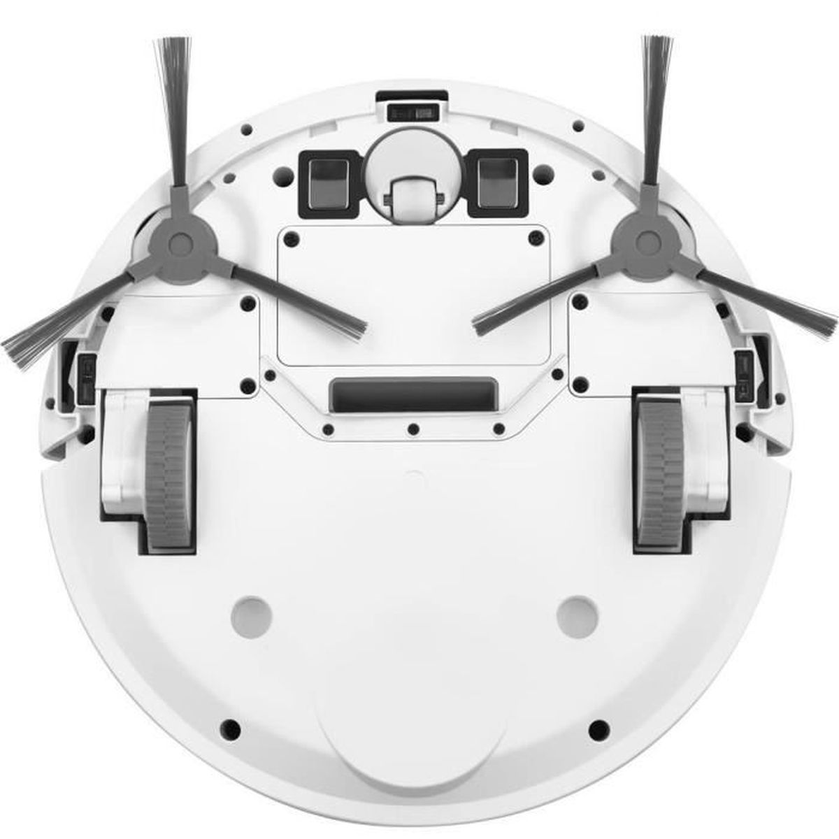 Un robot aspirapolvere bianco, circolare, con due spazzole, due ruote e diverse aperture e sensori visibili sul lato inferiore.