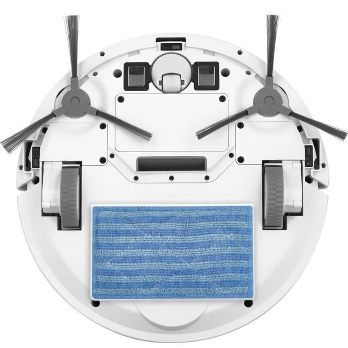 Un aspirapolvere robotico bianco con due spazzole rotanti, due ruote e un tampone di pulizia blu.