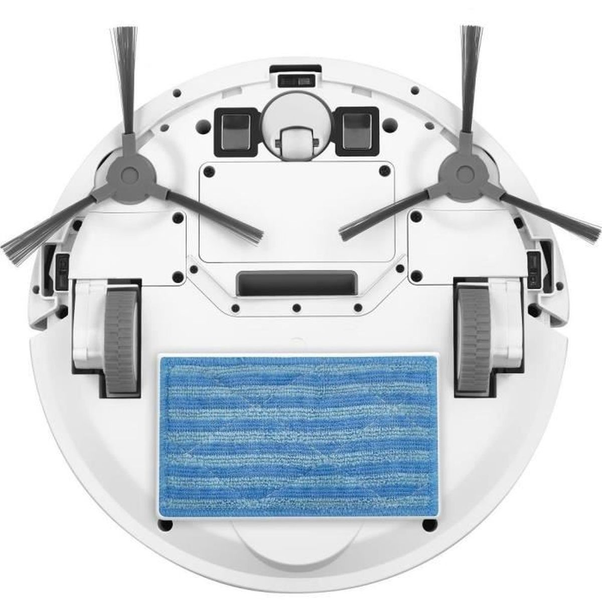 Un robot aspirapolvere bianco, vista dal basso. Ha due spazzole rotanti, due ruote e un panno di pulizia blu.