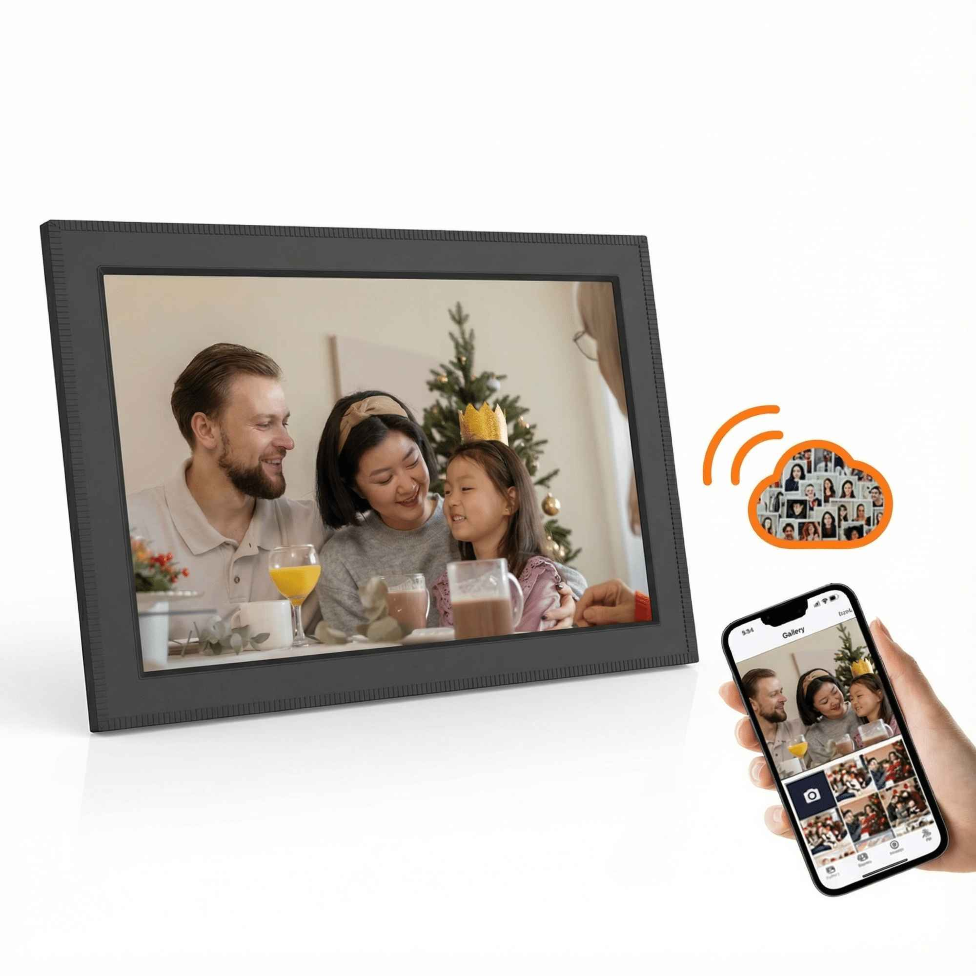Digitaler Fotorahmen mit einer Familie, ein Telefon zeigt dasselbe Bild und ein Wolkensymbol.