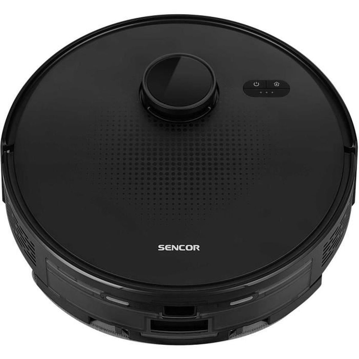 Un aspirapolvere robot Sencor nero. Ha una forma rotonda, un pulsante centrale e pulsanti di controllo. Il marchio è visibile.