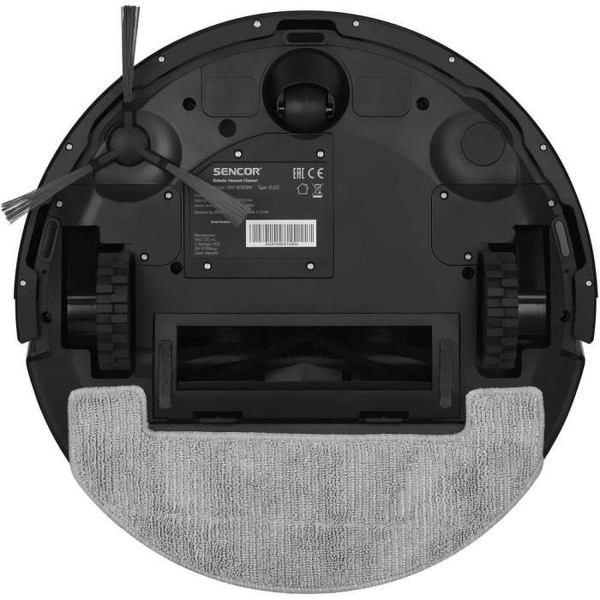 Aspirapolvere robot nero, marca Sencor, con spazzole, ruote e un panno per la pulizia grigio attaccato. Il design include etichette e un codice a barre.