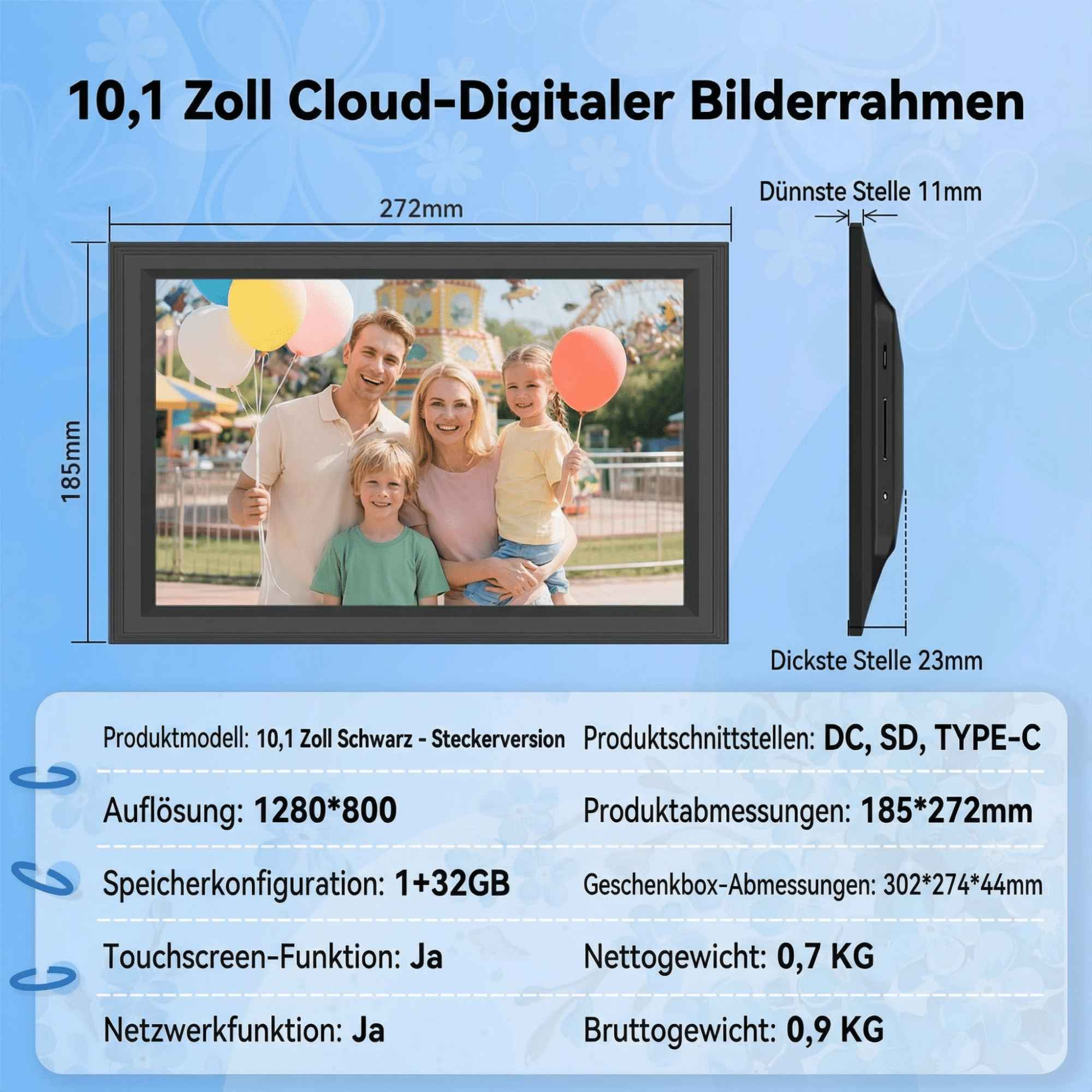 Digitaler Bilderrahmen mit Familienfoto. Abmessungen werden angezeigt. Text enthält Auflösung, Speicher und Gewicht.
