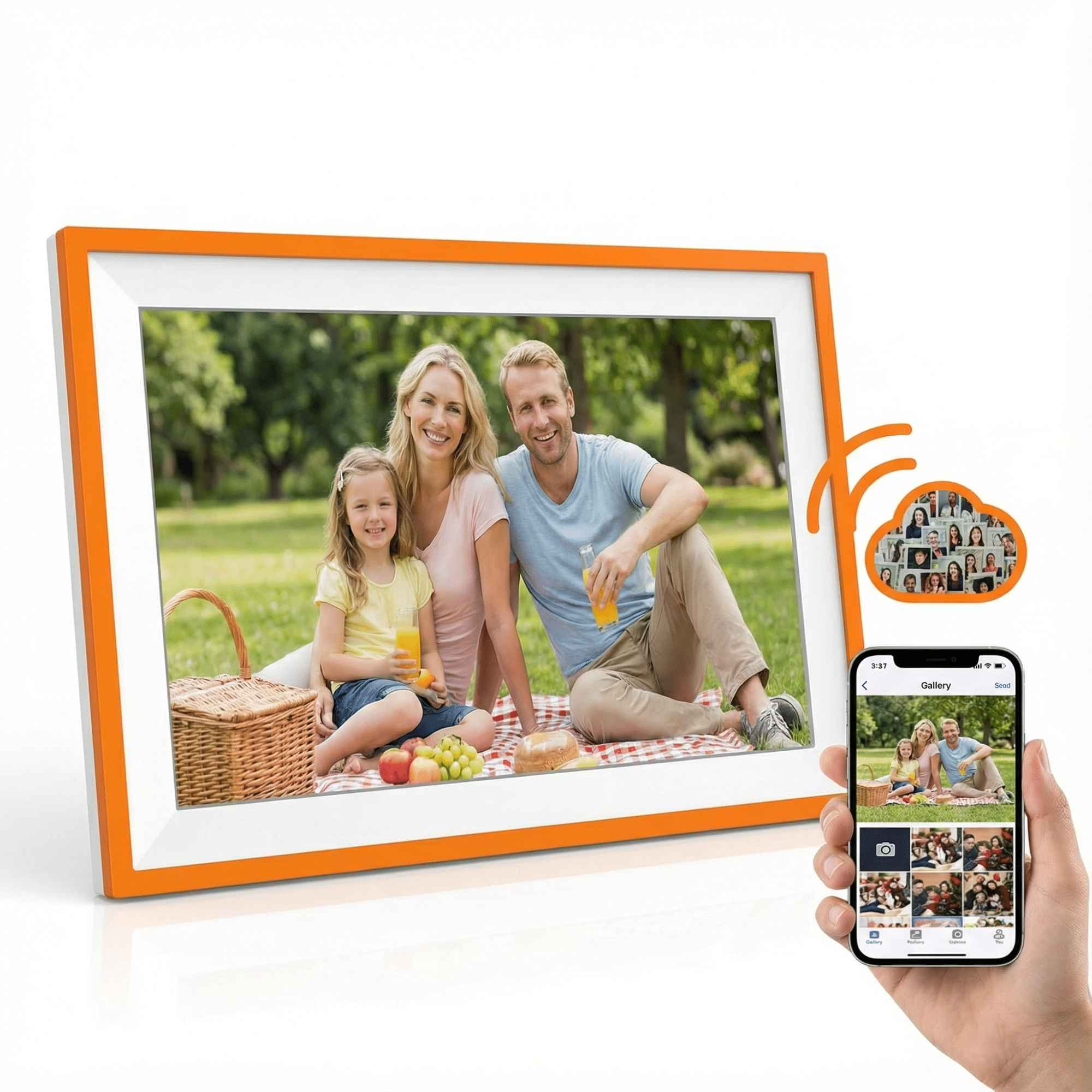 Familienfoto beim Picknick. Rahmen ist orange. Telefon zeigt das gleiche Foto. Wolken-Symbol mit Gesichtern.