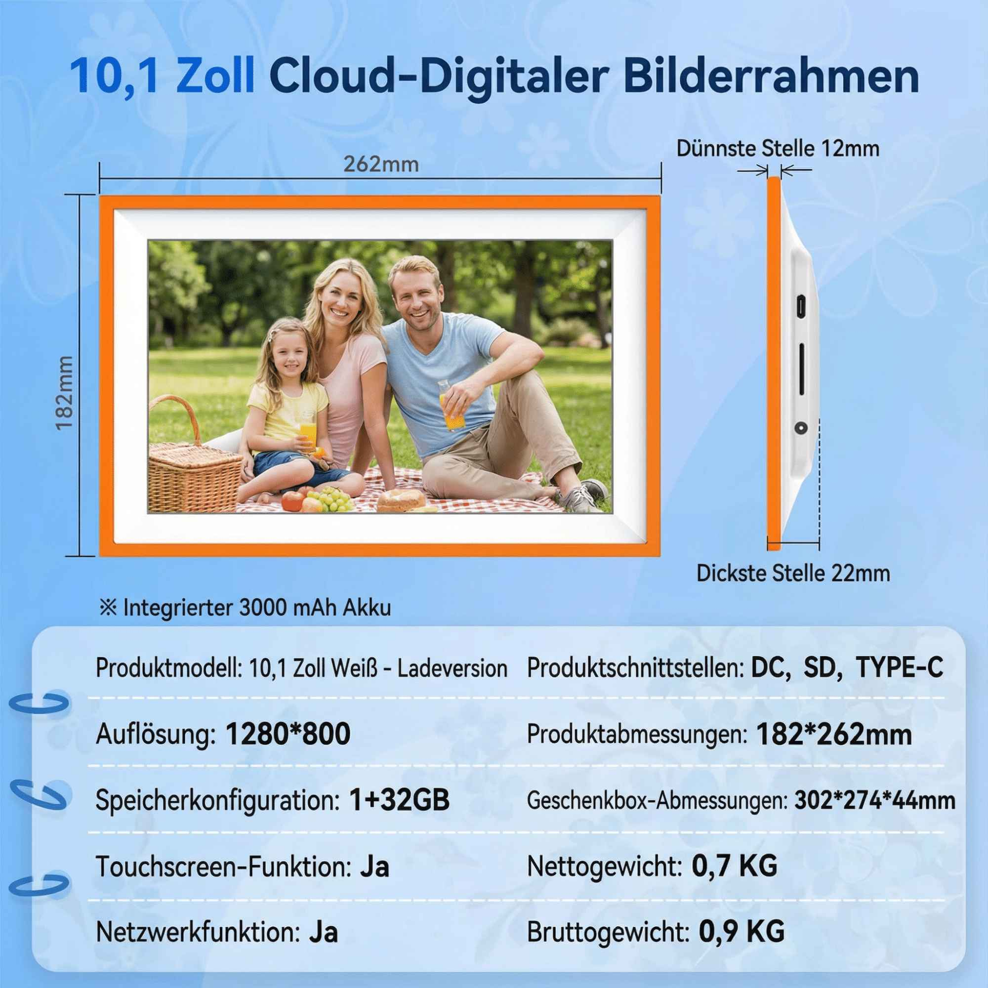 Ein digitaler Bilderrahmen mit einer Familie im Inneren. Abmessungen und Produktinformationen werden angezeigt.