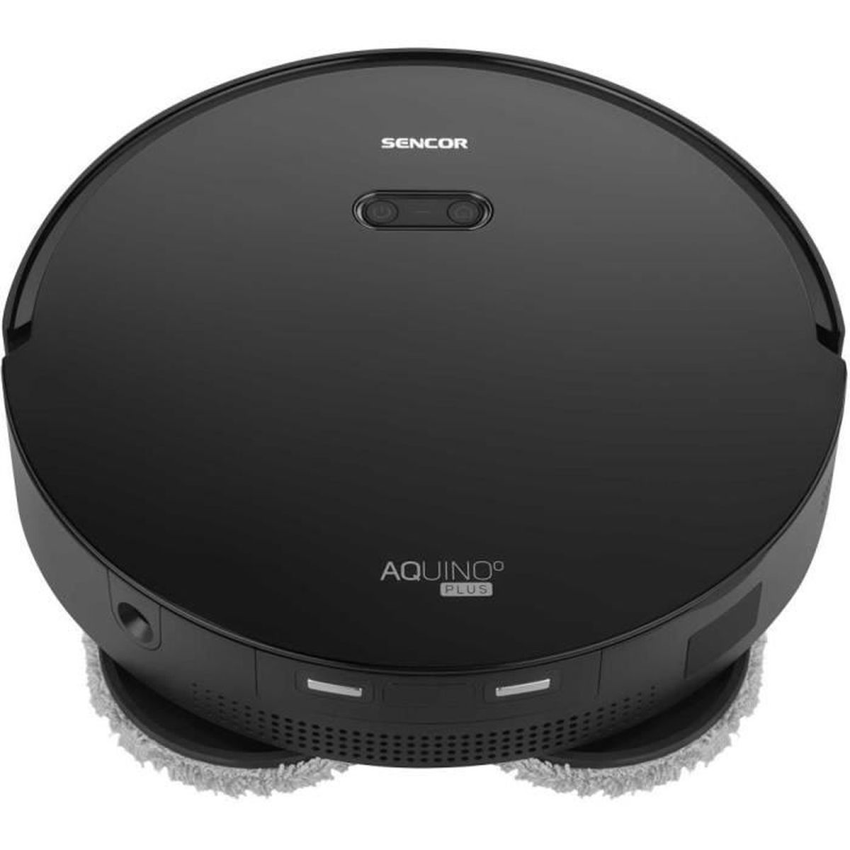 Un aspirapolvere robot Sencor Aquino Plus nero. La parte superiore ha il logo Sencor, la parte inferiore un tampone per la pulizia.
