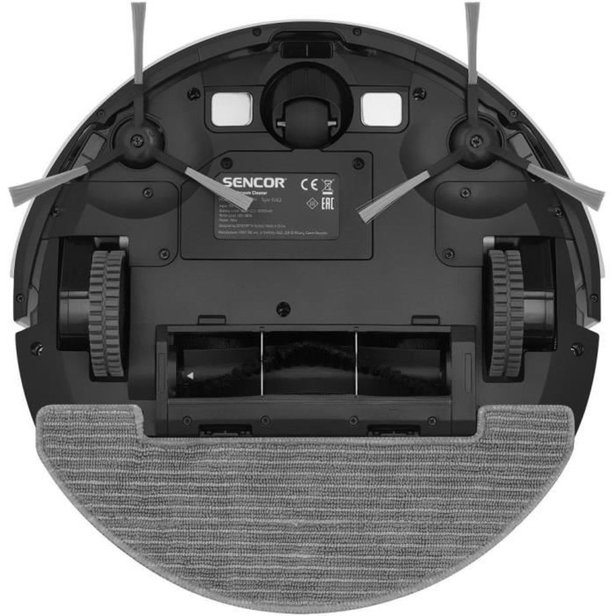 Parte inferiore di un robot aspirapolvere. Presenta ruote, spazzole, un contenitore per la polvere e un panno in microfibra grigia. Il logo Sencor è visibile.