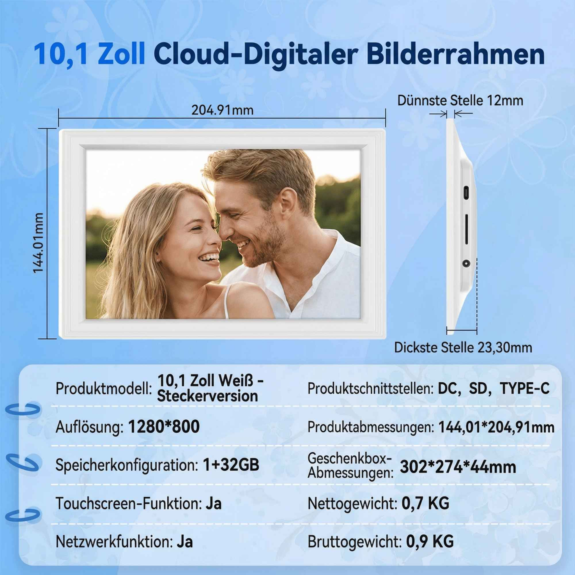 Ein digitaler Bilderrahmen zeigt ein lächelndes Paar. Informationen umfassen Abmessungen, Auflösung und Funktionen. Text auf Deutsch.