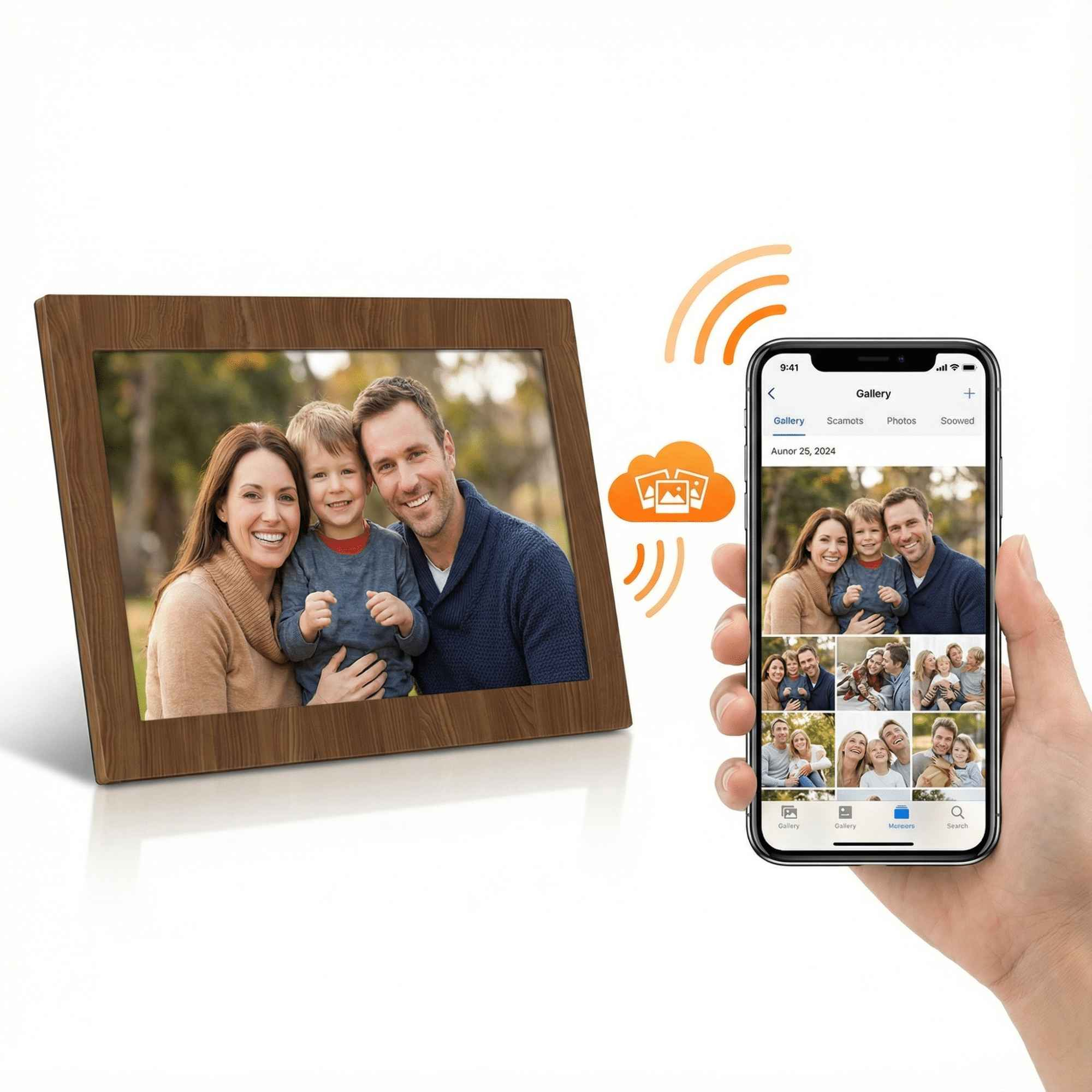 Familienfoto in Holzrahmen. Telefon zeigt gleiches Bild. Wolkensymbol und WLAN-Signal.