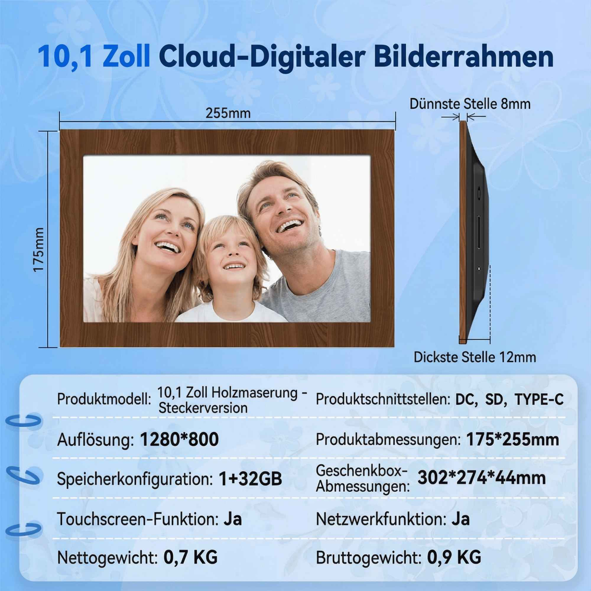 Digitaler Fotorahmen mit Familienfoto. Spezifikationen sind unter dem Rahmen aufgeführt.
