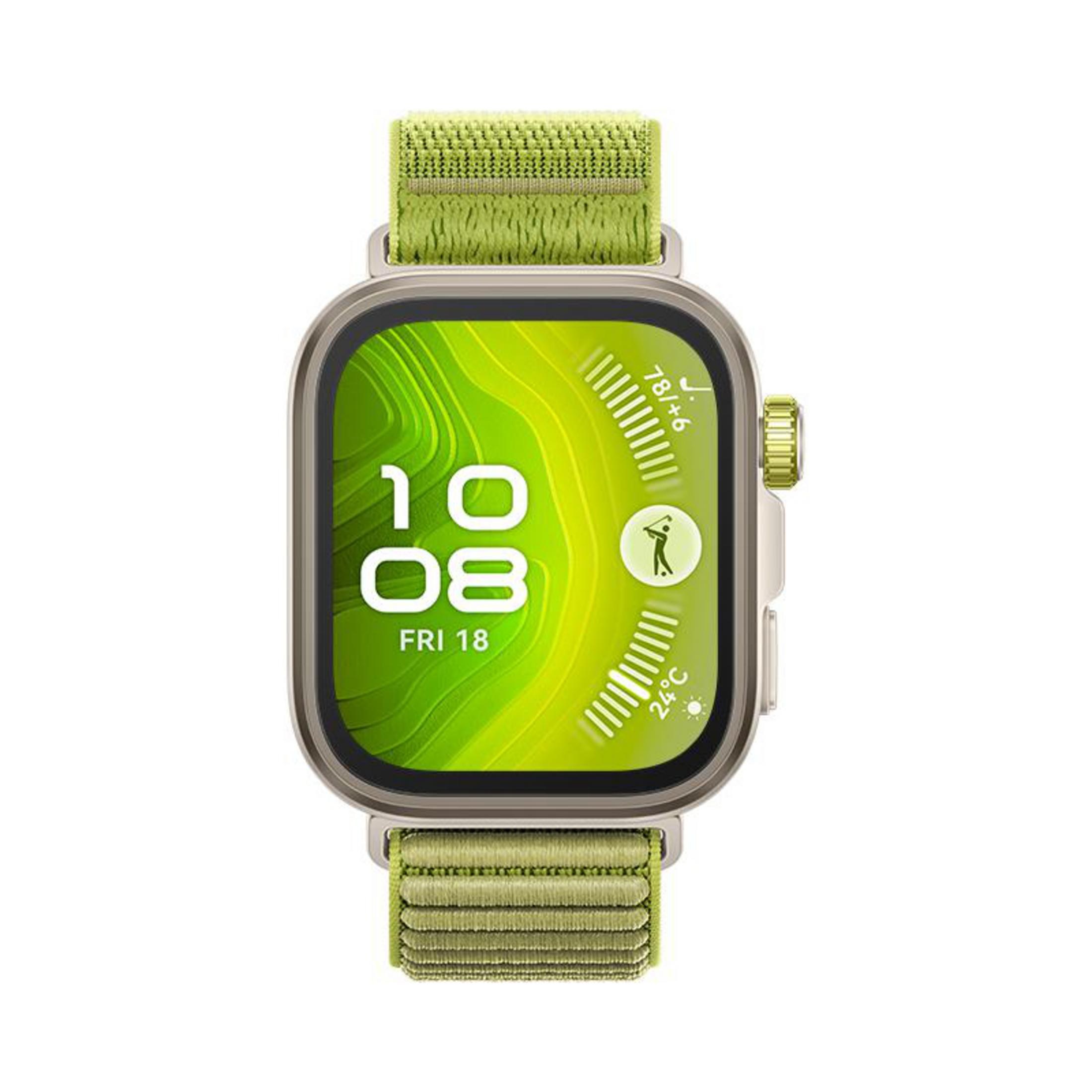 Eine Smartwatch mit grünem Bildschirm, der Zeit und Datum anzeigt, mit grünem Armband.