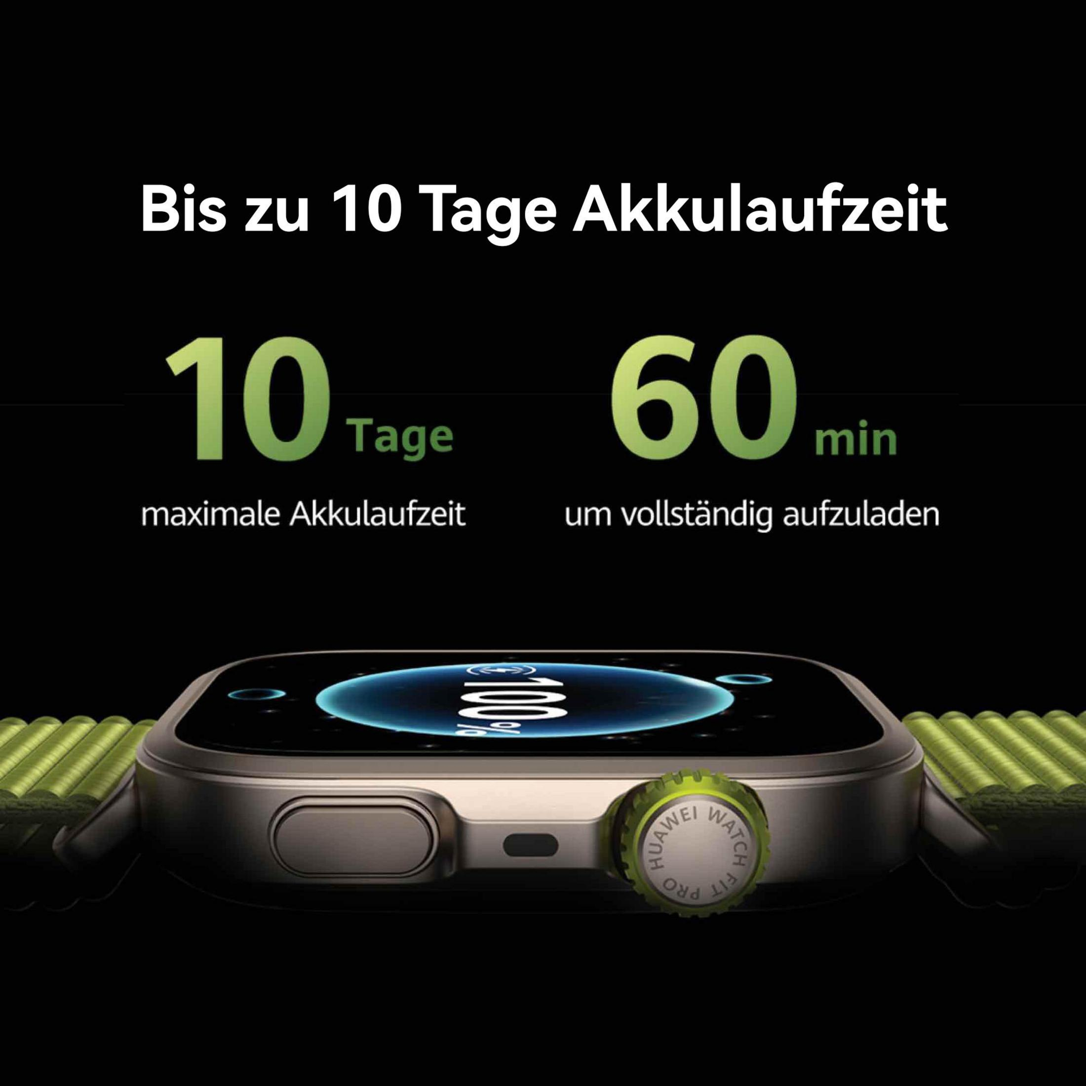Das Bild zeigt eine Smartwatch mit grünem Armband. Der Text zeigt 10 Tage Akkulaufzeit und 60 Minuten Ladezeit.