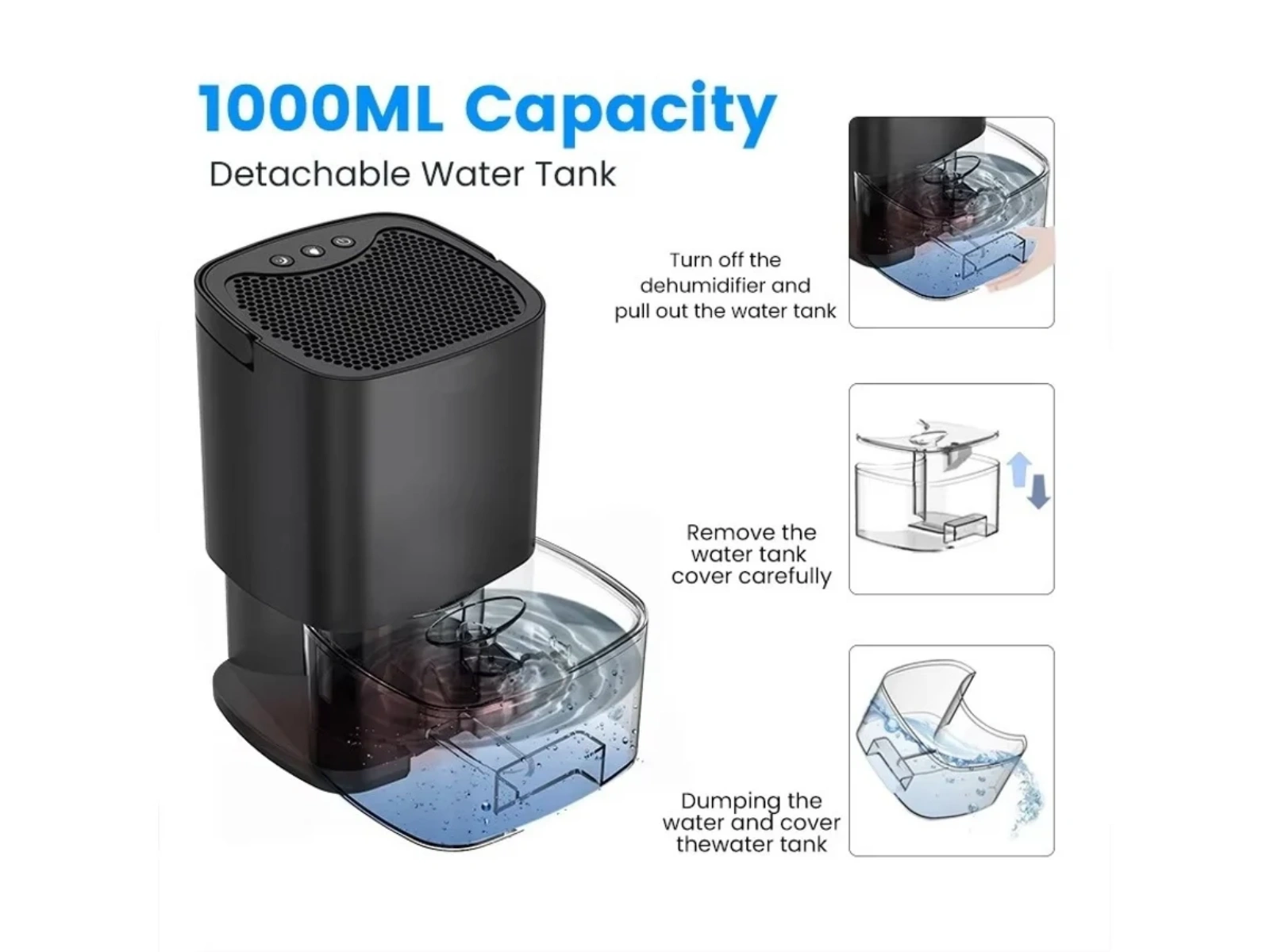 Ein schwarzer Luftentfeuchter mit abnehmbarem Wassertank. Anweisungen zeigen das Entfernen und Entleeren.