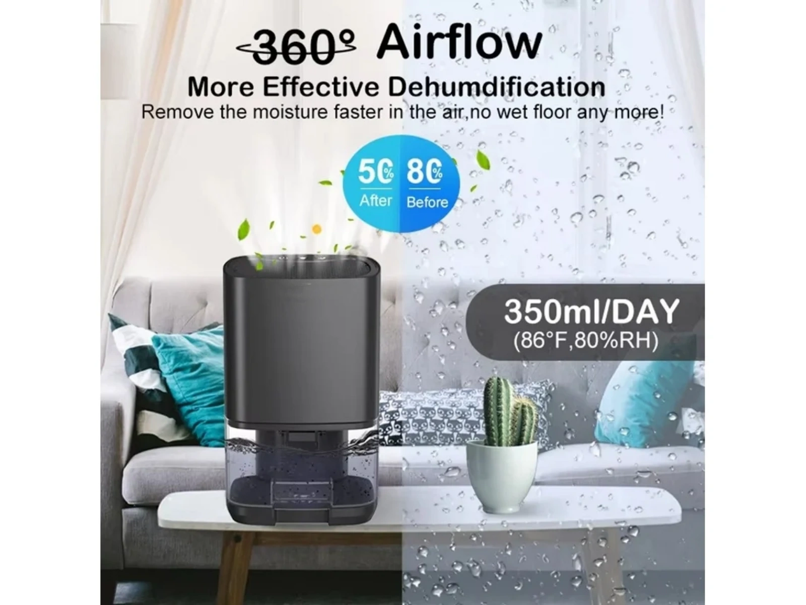 Ein Luftentfeuchter auf einem weißen Tisch. Rechts ist ein Kaktus. Der Text lautet 360° Luftstrom und 350ml/TAG.