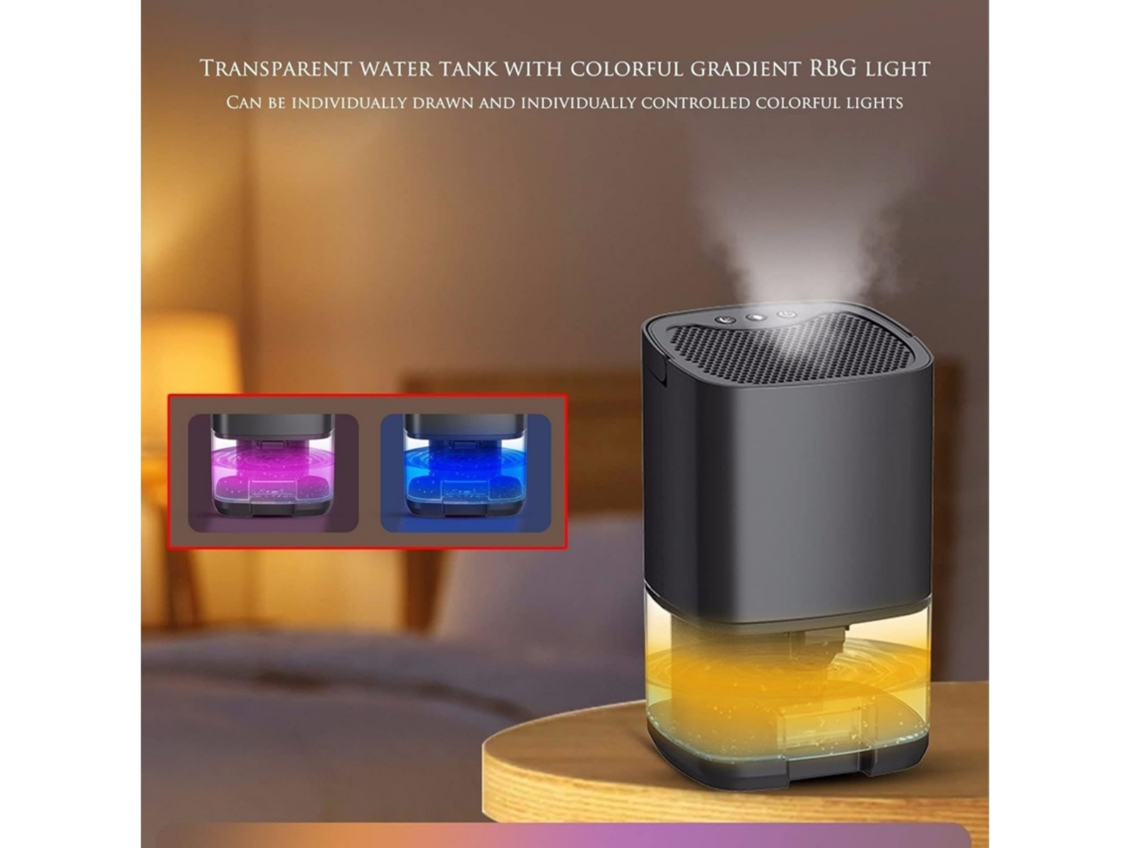 Ein Luftbefeuchter mit transparentem Wassertank und farbenfrohen RBG-Leuchten, Dampf tritt oben aus. Zwei Einsetzbilder zeigen Lichtfarben.