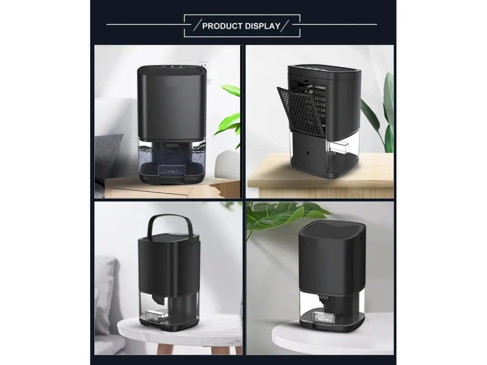 Vier Bilder eines schwarzen Luftentfeuchters. Jedes zeigt das Gerät aus verschiedenen Winkeln, Design und Funktionen.