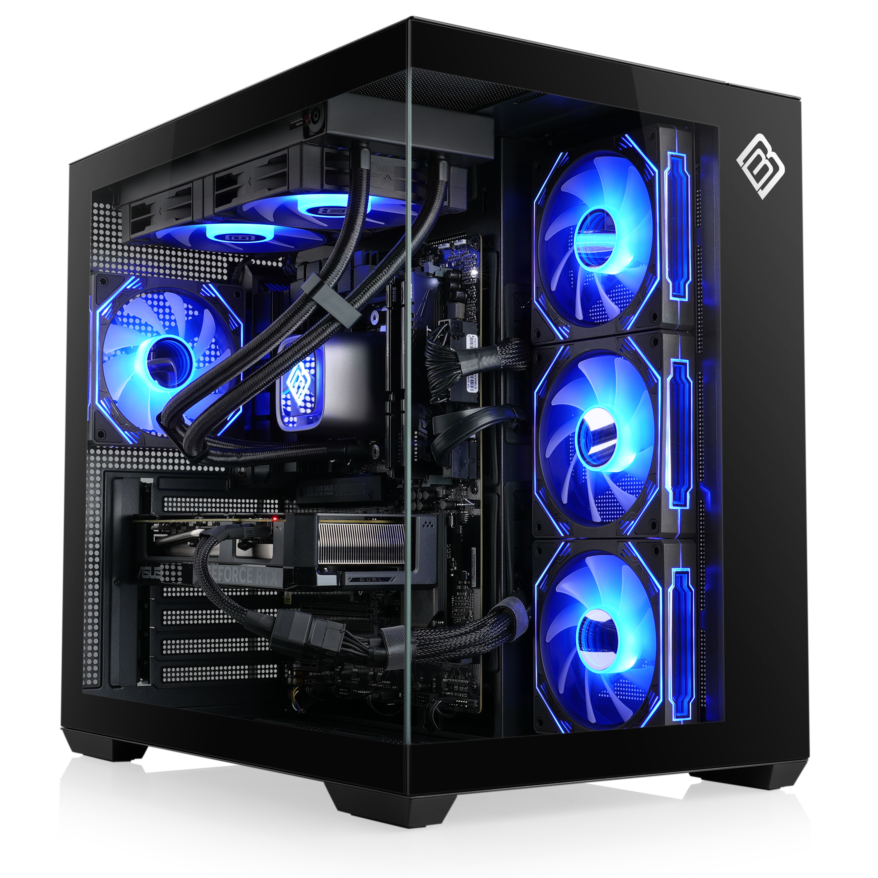 Schwarzes Computergehäuse mit blauen LED-Lüftern. Innenliegende Komponenten sichtbar, einschließlich Grafikkarte.