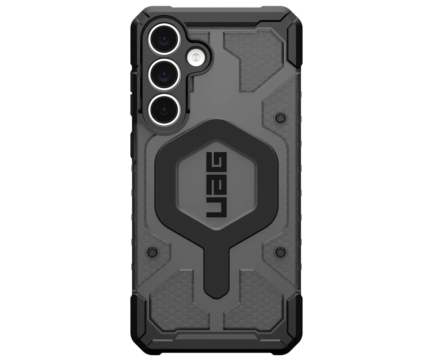 Eine grau-schwarze Handyhülle mit UAG-Logo. Sie hat drei Kameraausschnitte und ein robustes Design.