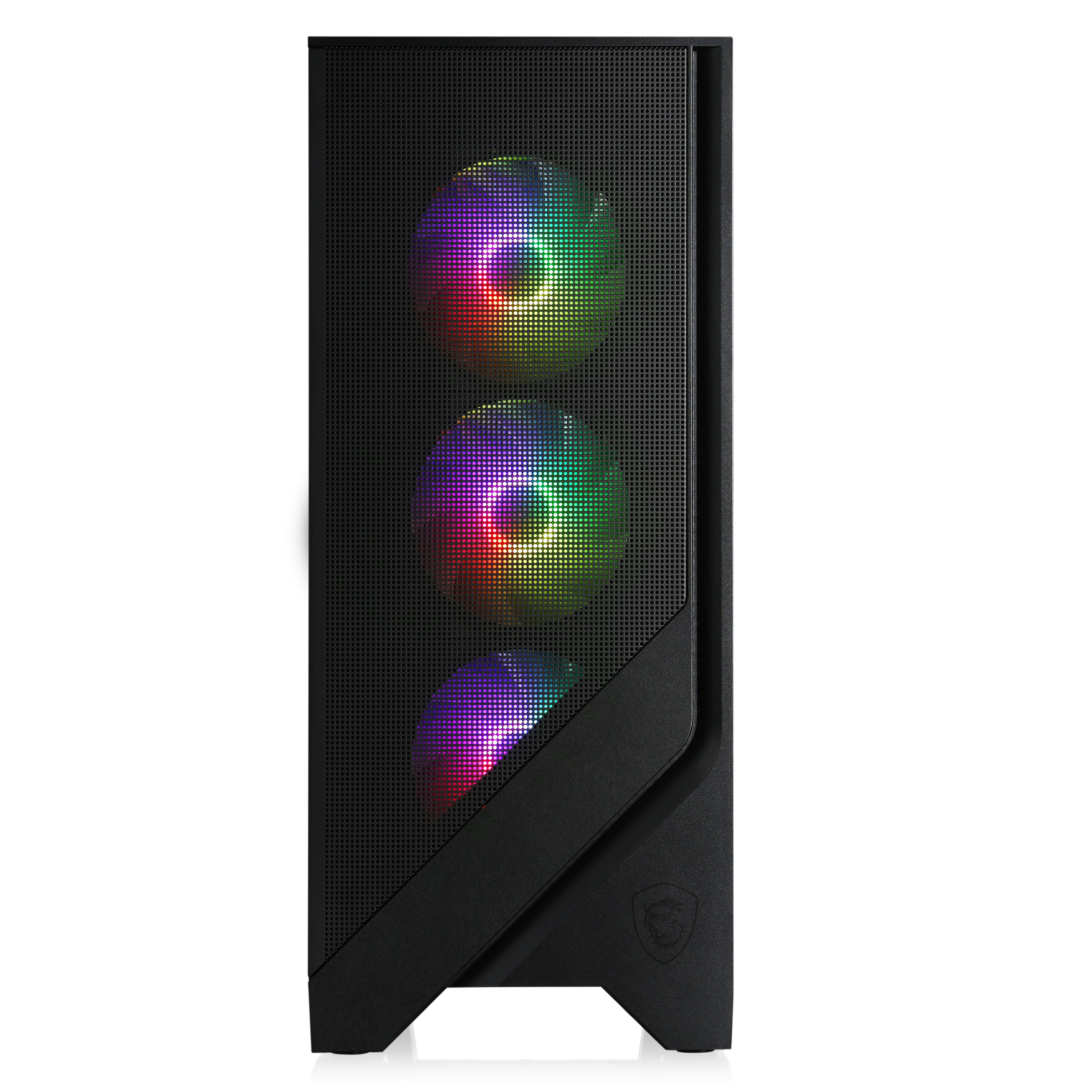 Een zwarte computerkast met drie RGB-ventilatoren. De achtergrond is wit.