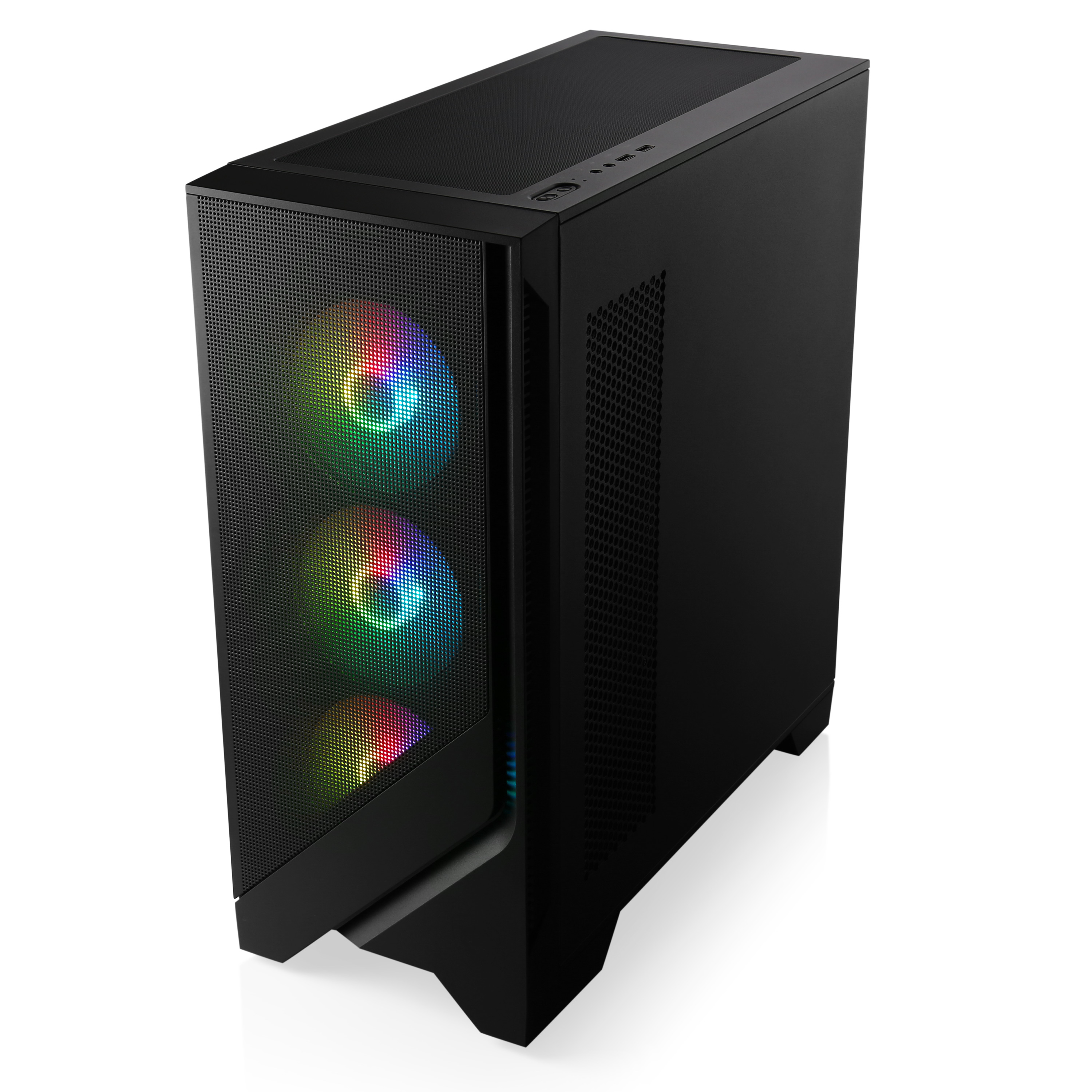 Zwarte computerkast met mesh voorkant en RGB-ventilatoren. Schuine weergave op witte achtergrond.