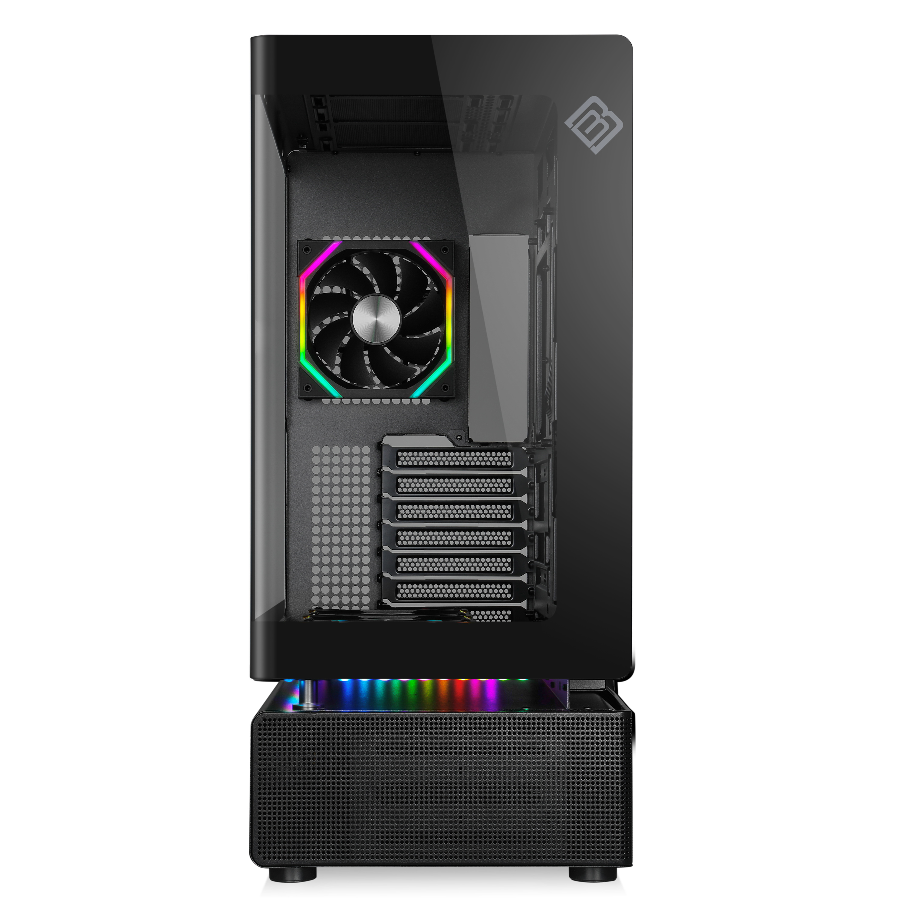 Schwarzes Computergehäuse mit Glasplatte. Im Inneren ist ein Lüfter mit RGB-Beleuchtung sichtbar. Der Boden hat RGB-Lichter.