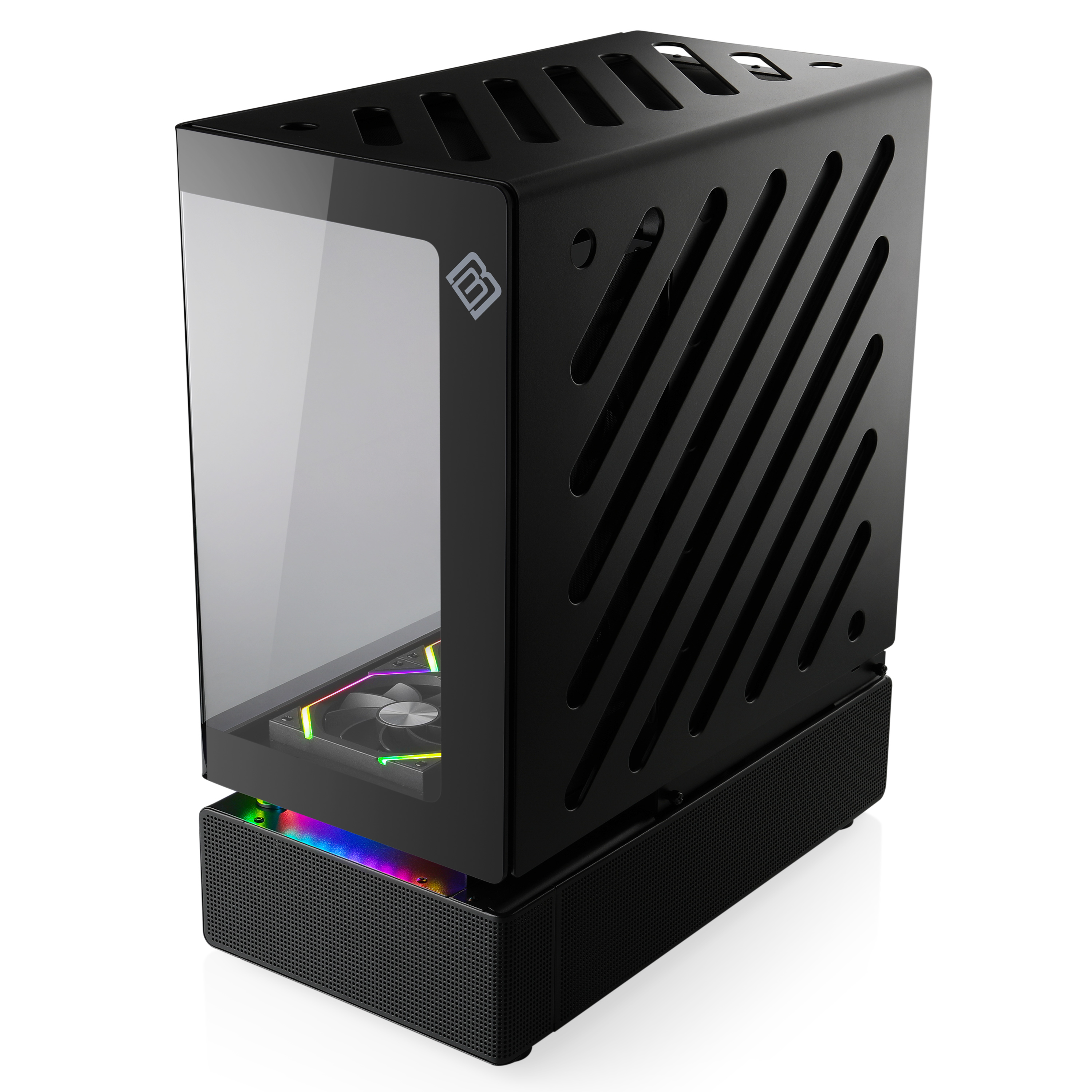 Schwarzes Computergehäuse mit Glas, Lüftungsschlitzen und RGB-Beleuchtung auf weißem Hintergrund. Logo sichtbar.