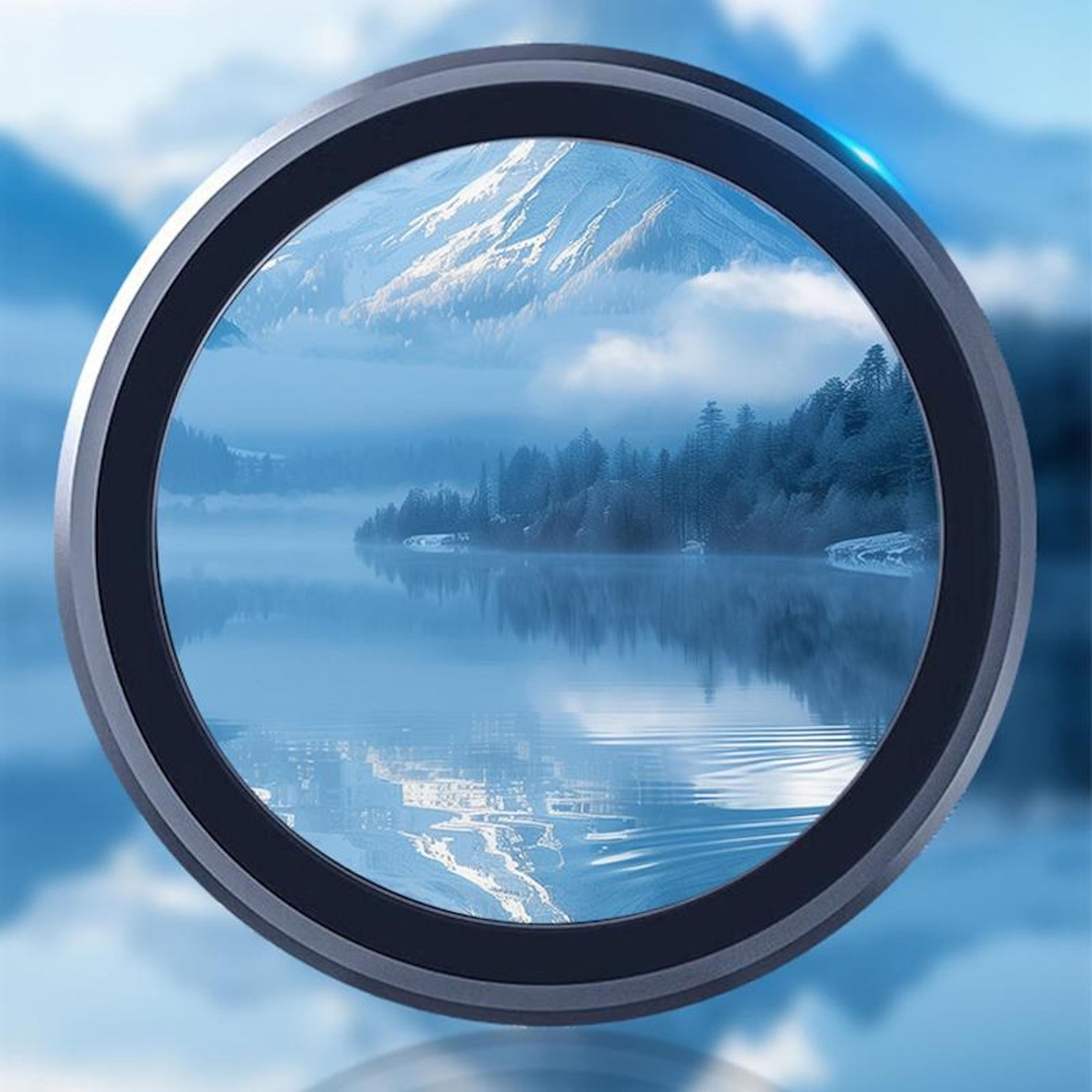 Ein kreisförmiger Rahmen zeigt eine Bergkette, die sich in einem See spiegelt, mit Bäumen am Ufer. Der Himmel ist blau.