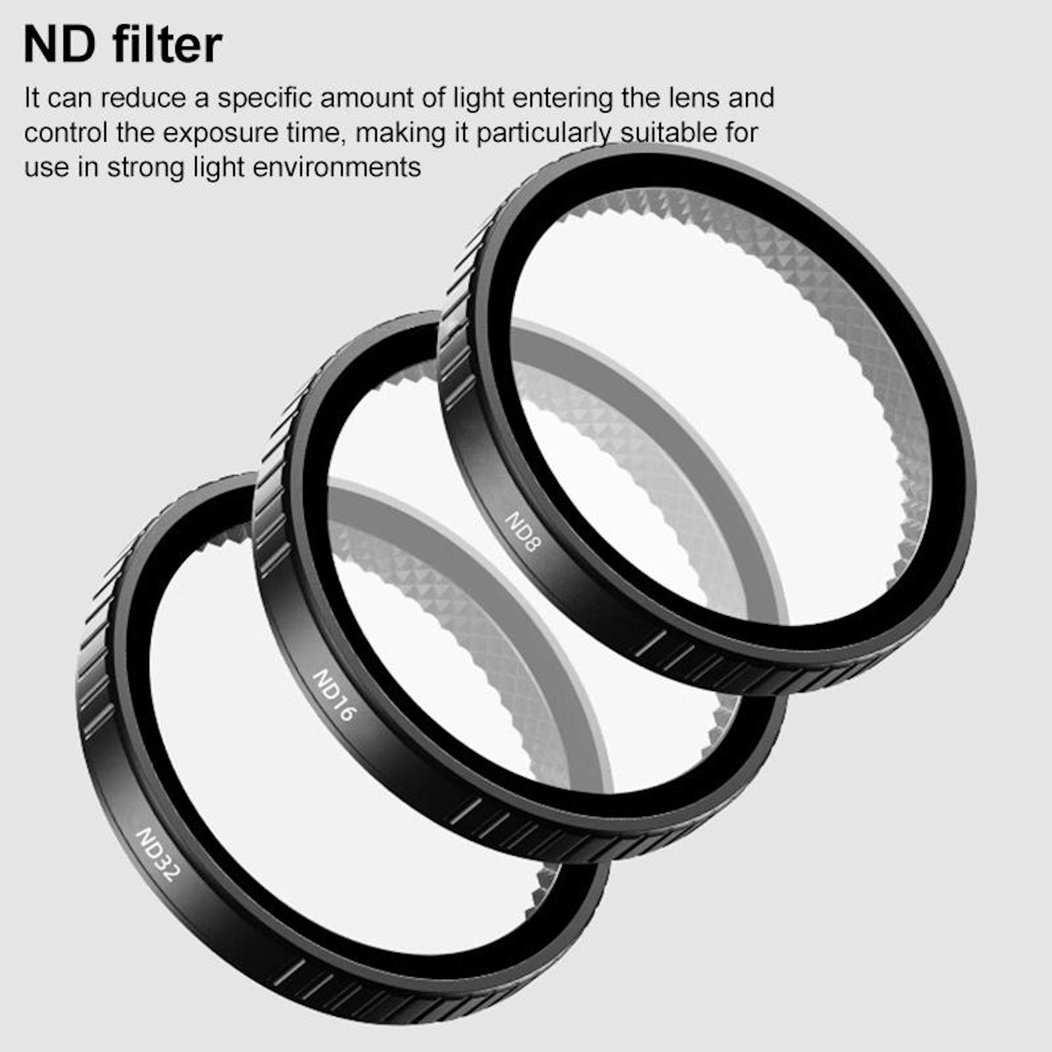 Drei gestapelte schwarze ND-Filter mit weißem Text, beschriftet mit ND8, ND16 und ND32, auf hellgrauem Hintergrund.