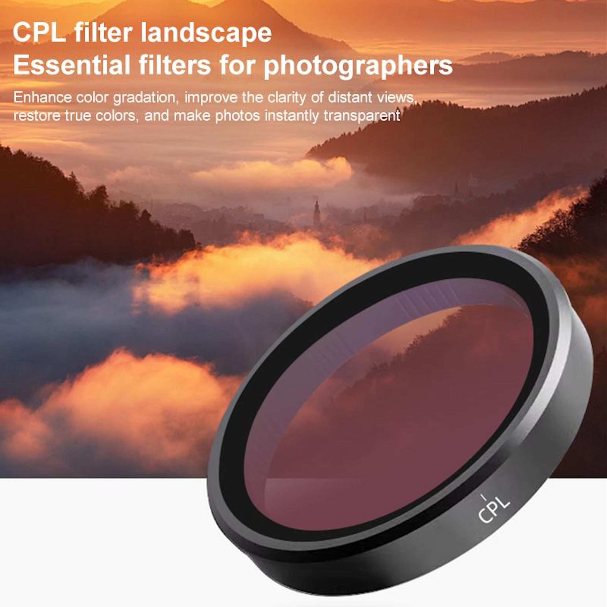 Ein CPL-Filter mit Landschaftshintergrund. Er hat Text: CPL-Filter-Landschaft, wesentliche Filter für Fotografen.