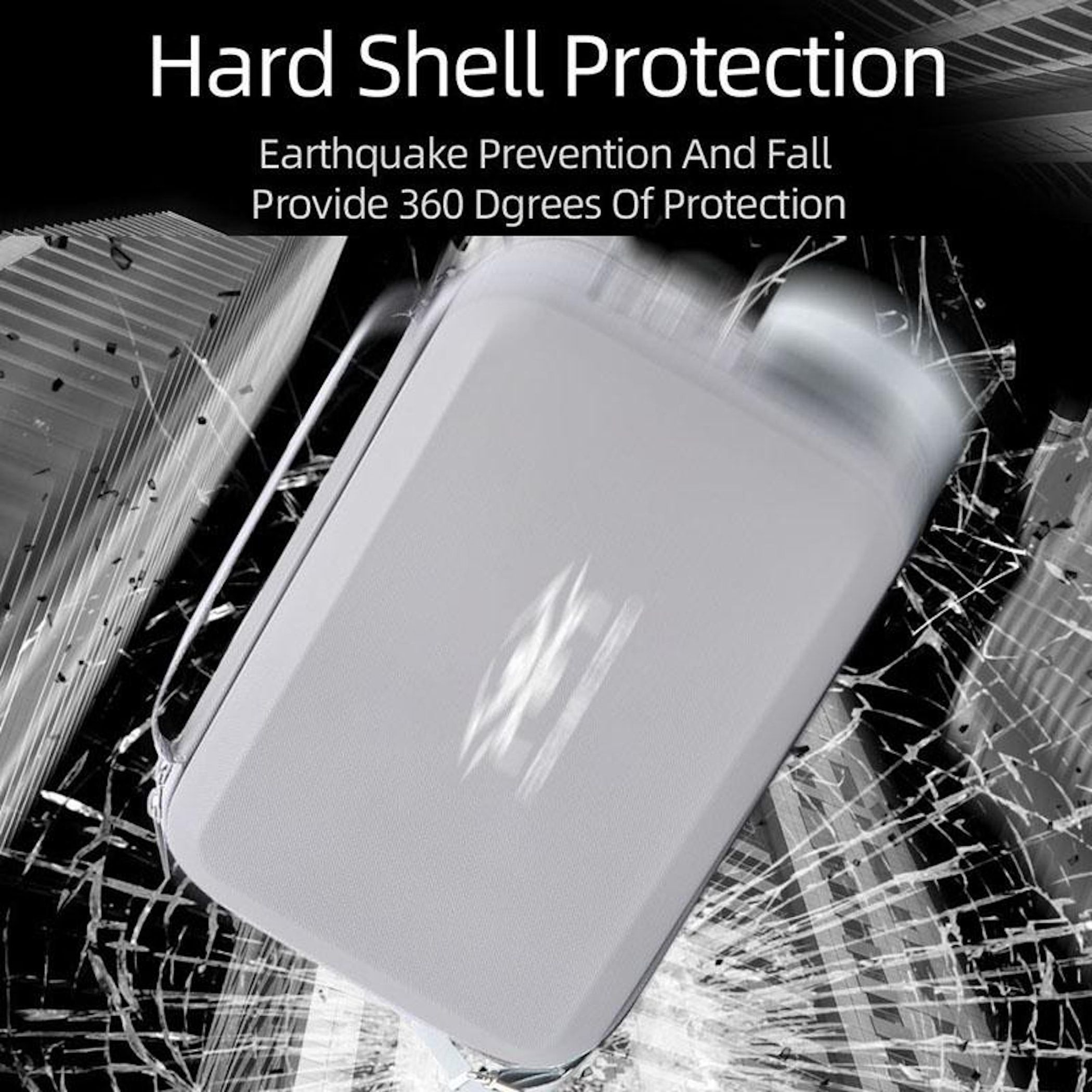 Eine weiße Hülle vor einem Hintergrund aus zerbrochenem Glas mit Text 'Hard Shell Protection' und 'Erdbebenprävention'.
