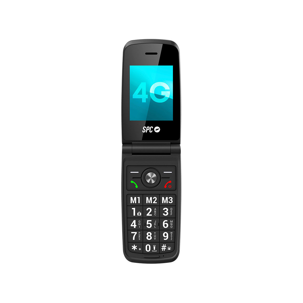 Ein schwarzes Klapphandy mit geöffnetem Bildschirm, der ein 4G-Logo anzeigt. Die Tastatur hat große Zahlen und Tasten. Die Marke ist SPC.