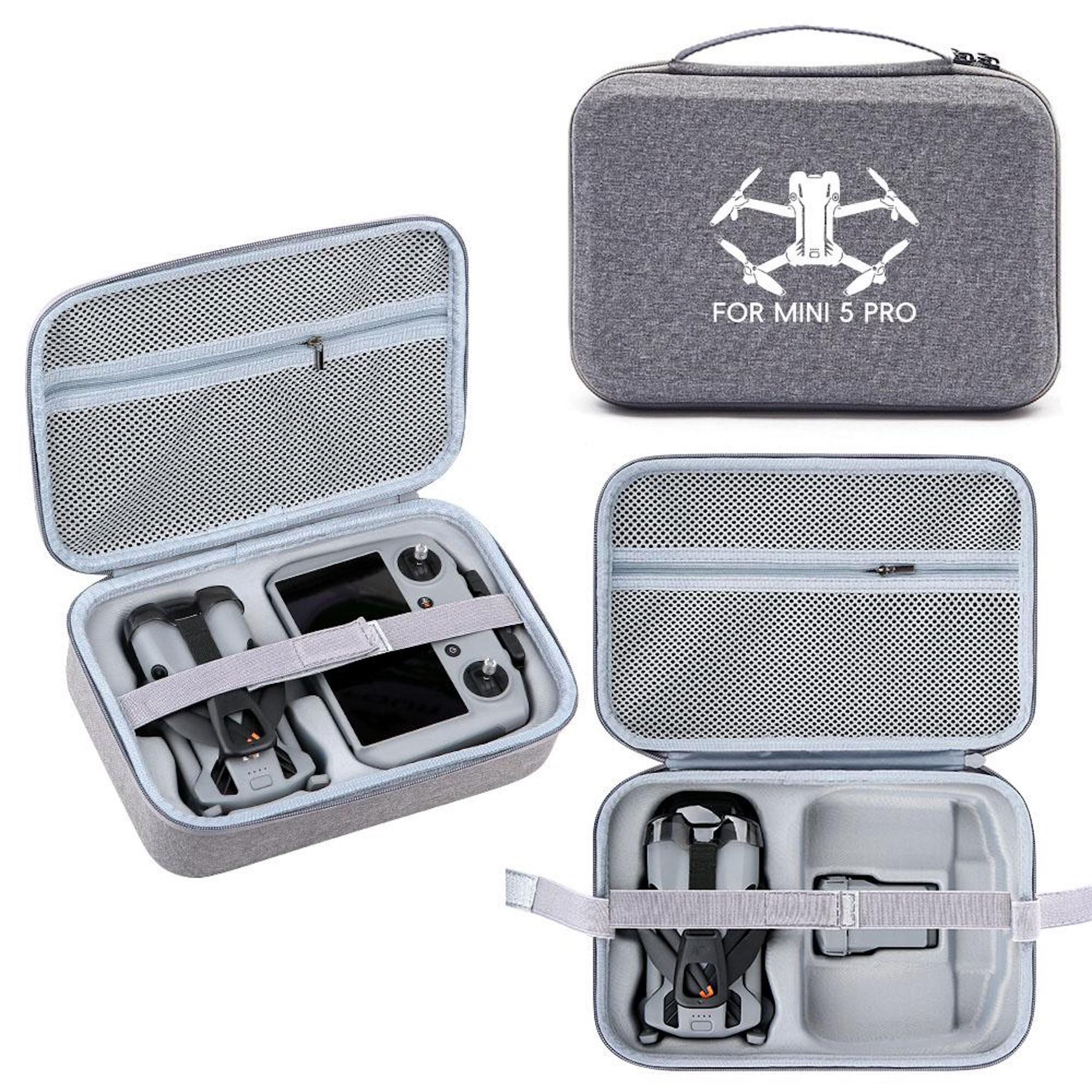 Graue Drohnen-Tragetasche mit Drohne und Controller im Inneren. Die Tasche ist geöffnet und zeigt die Drohne und den Controller.