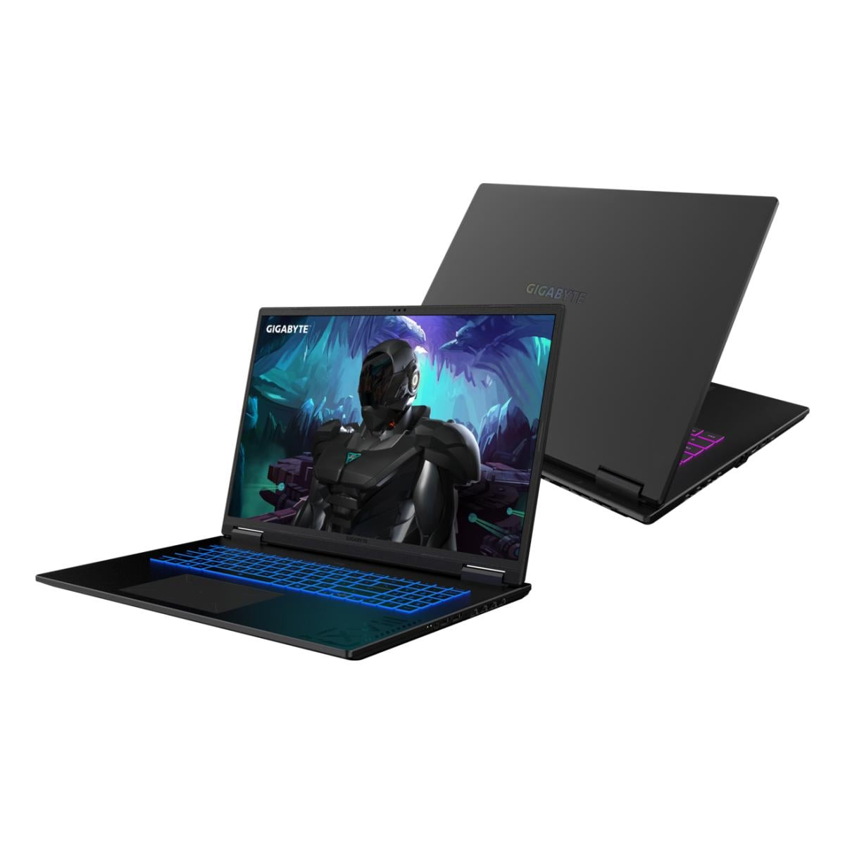 Zwei schwarze Gigabyte-Laptops. Einer offen, zeigt eine Spielszene. Der andere geschlossen. Beide haben das Gigabyte-Logo.
